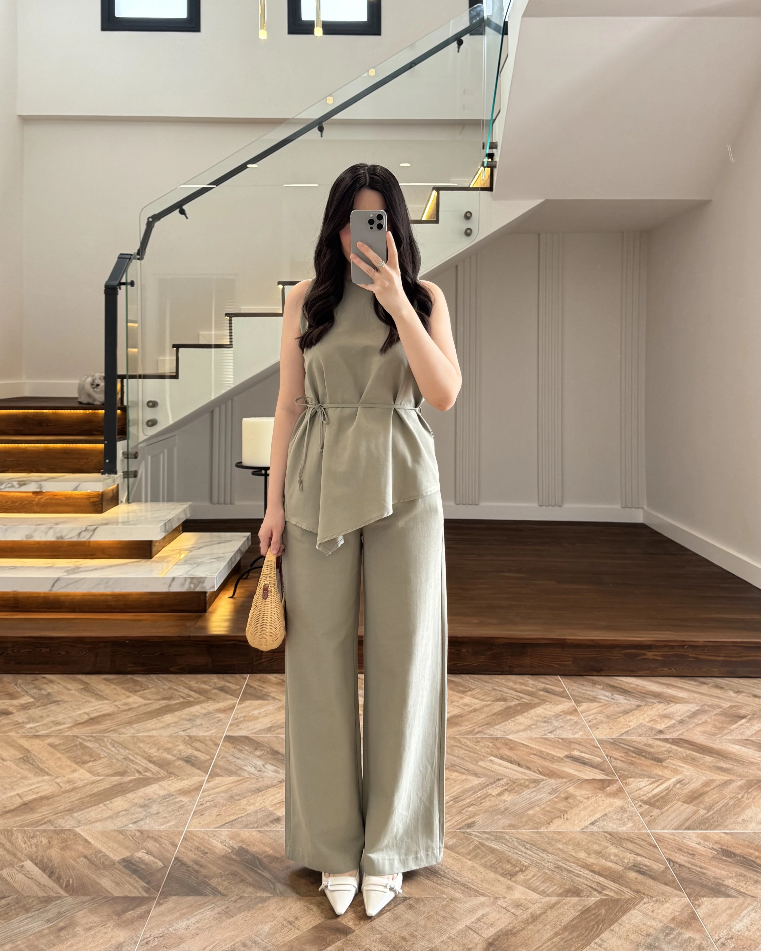 HAKİ ASİMETRİK BLUZ PANTOLON TAKIM-8784
