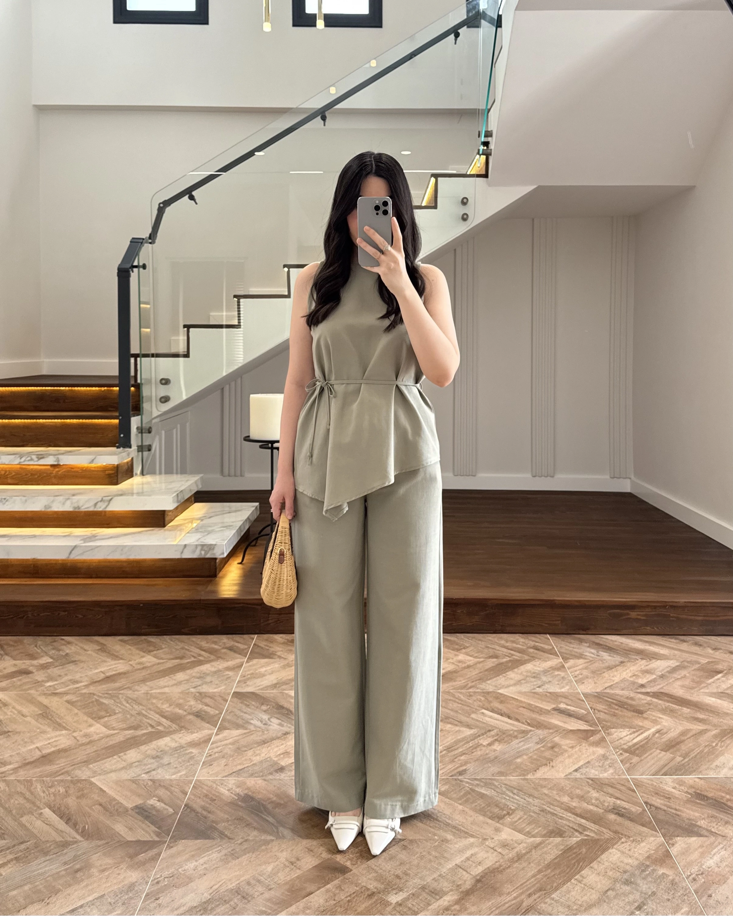 HAKİ ASİMETRİK BLUZ PANTOLON TAKIM-8784