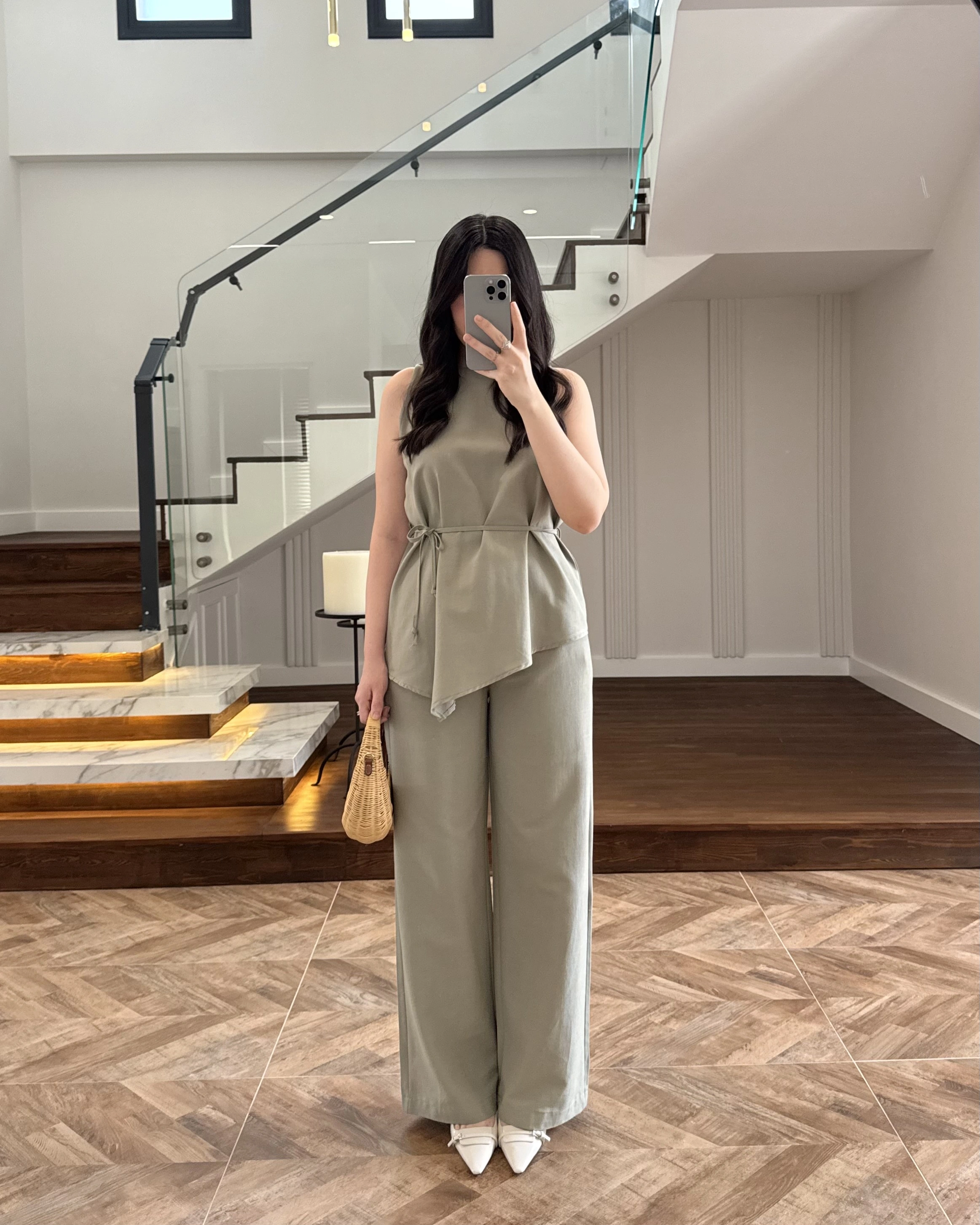 HAKİ ASİMETRİK BLUZ PANTOLON TAKIM-8784