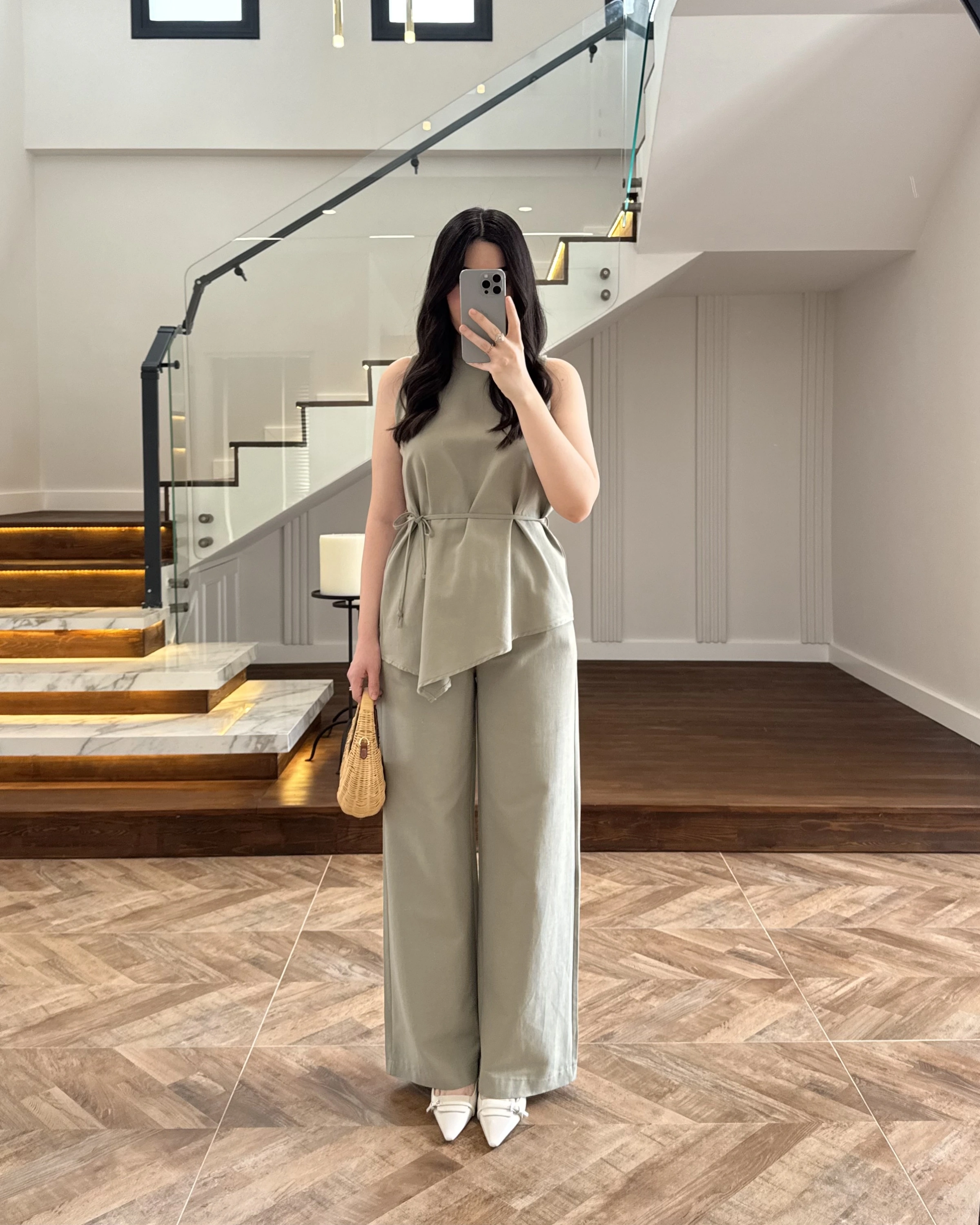 HAKİ ASİMETRİK BLUZ PANTOLON TAKIM-8784
