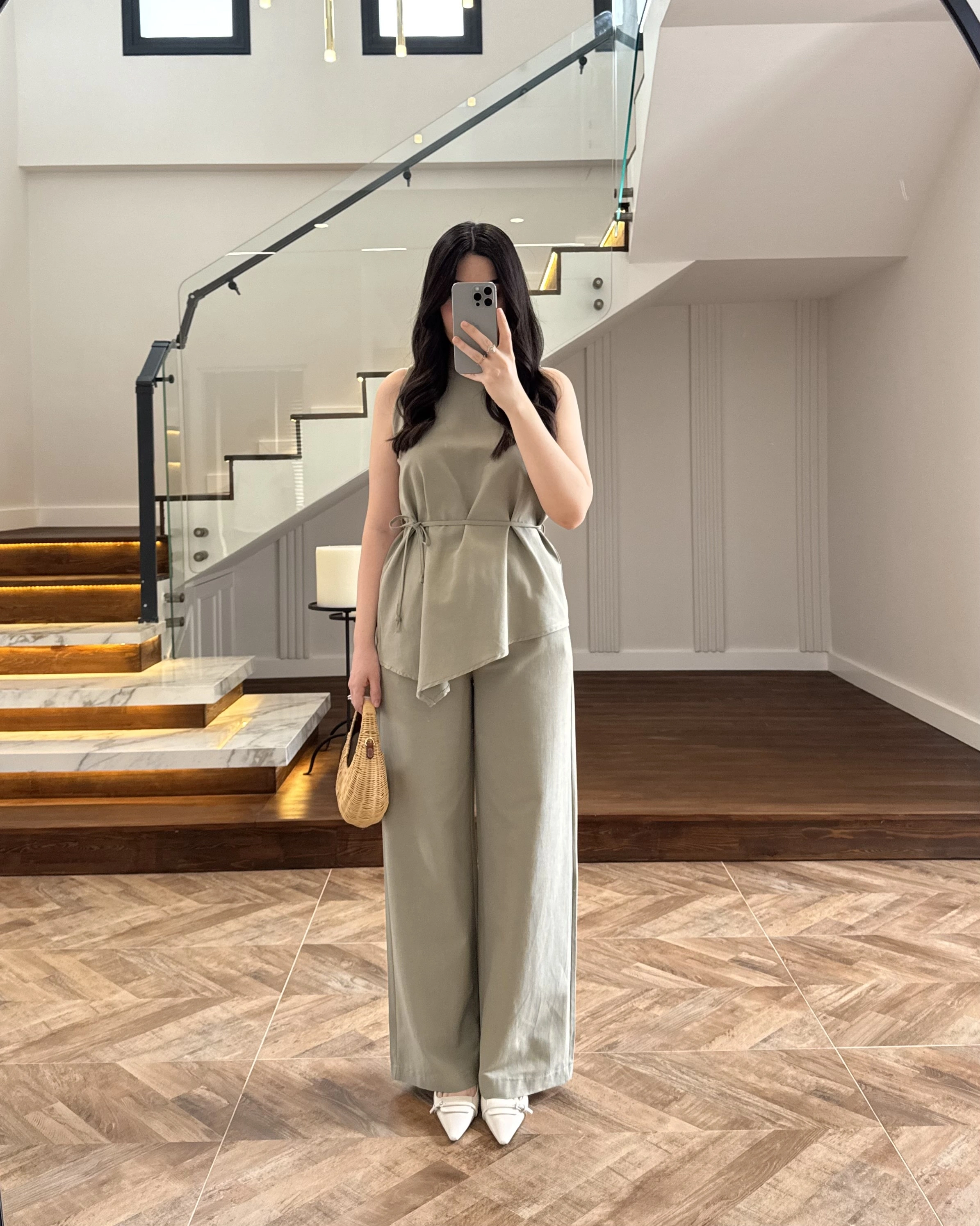 HAKİ ASİMETRİK BLUZ PANTOLON TAKIM-8784