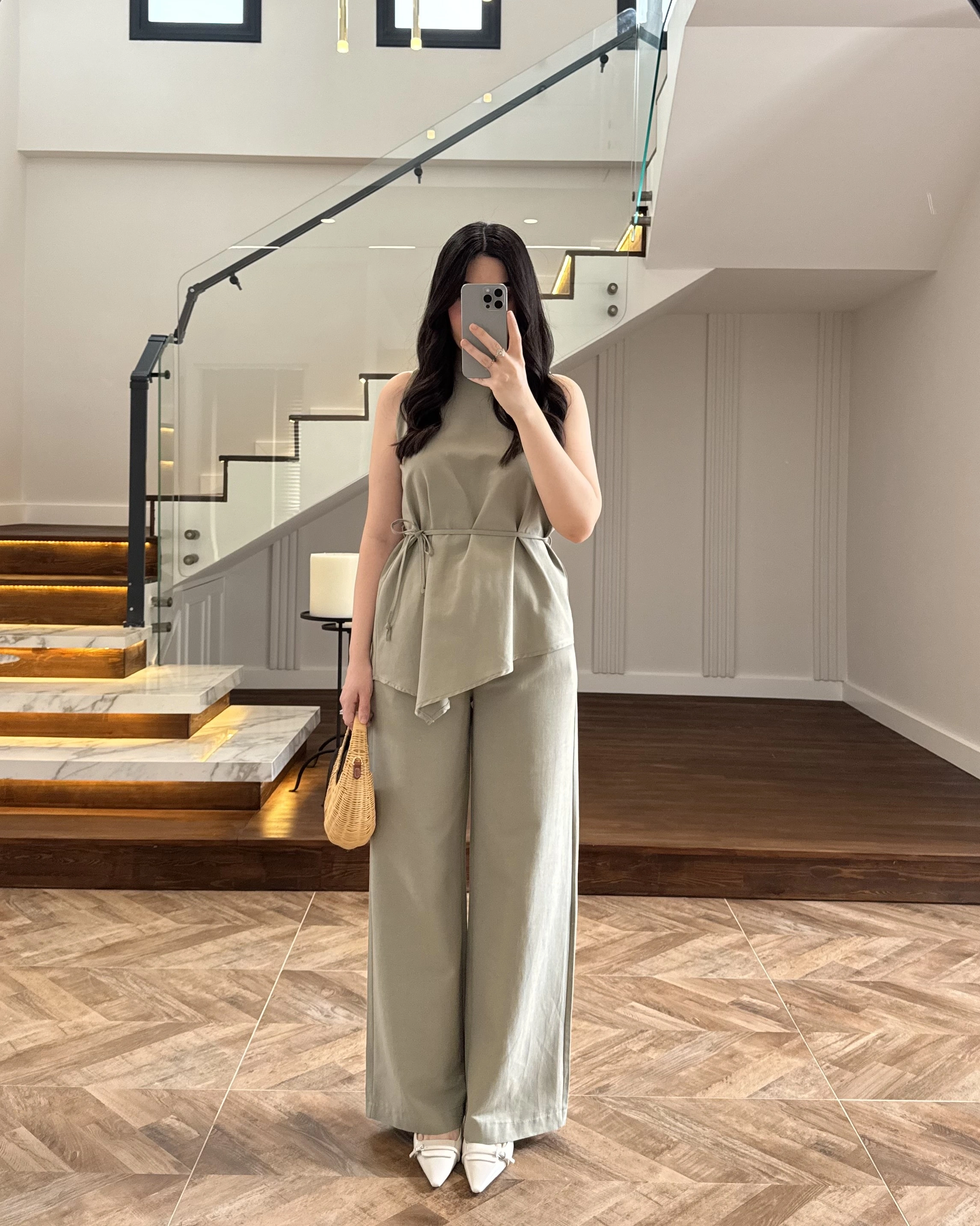 HAKİ ASİMETRİK BLUZ PANTOLON TAKIM-8784