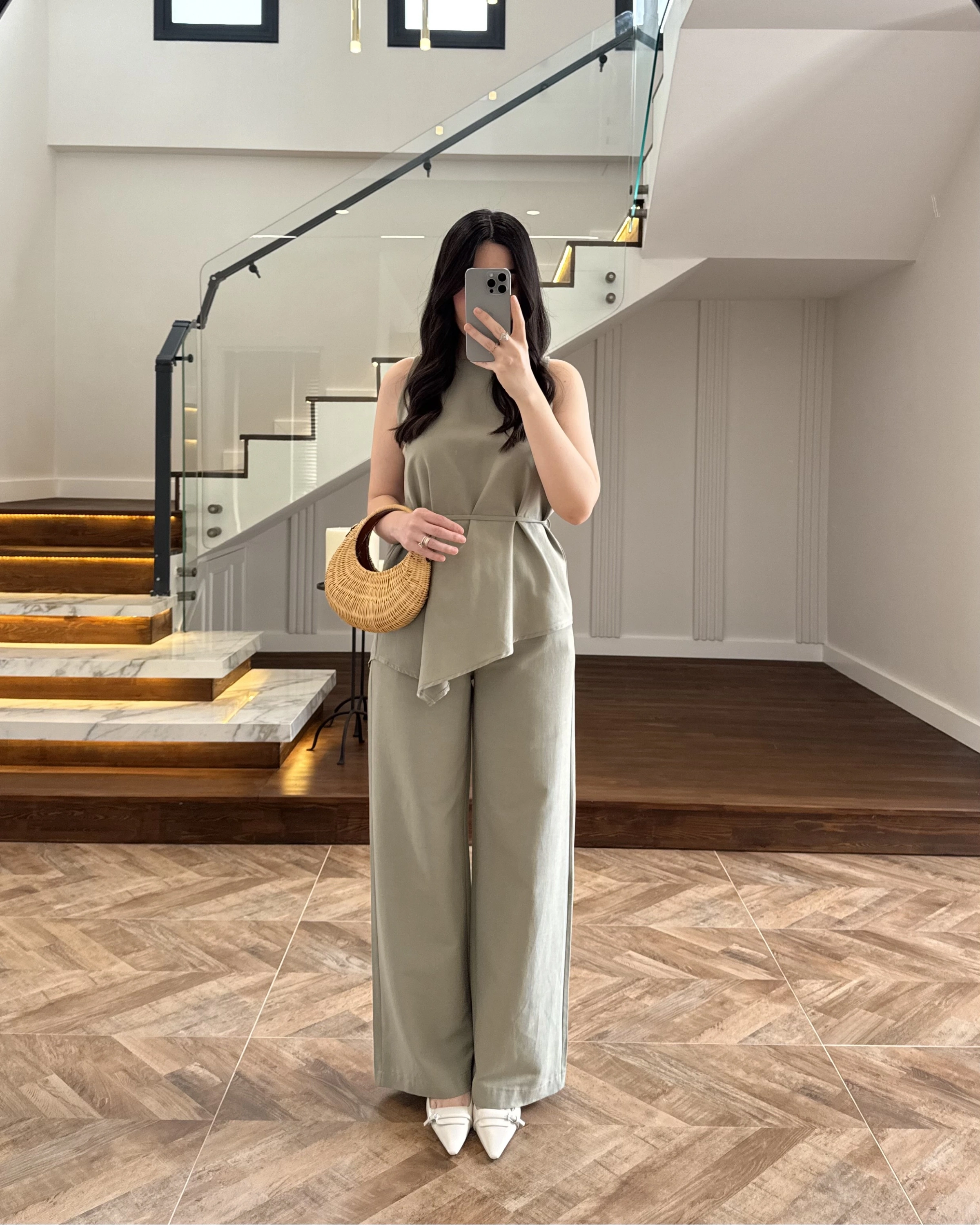 HAKİ ASİMETRİK BLUZ PANTOLON TAKIM-8784