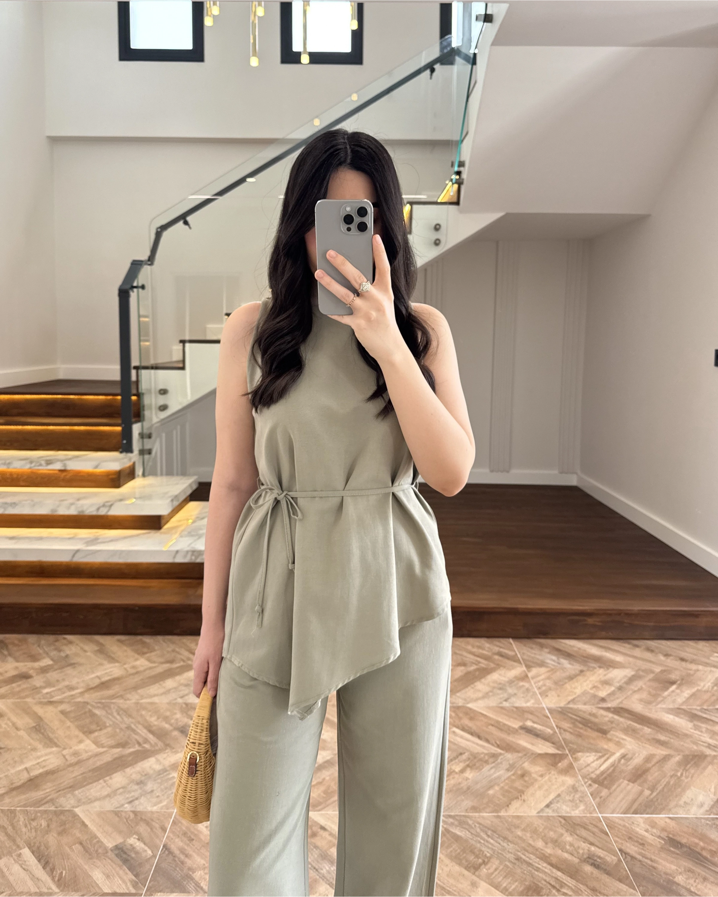 HAKİ ASİMETRİK BLUZ PANTOLON TAKIM-8784