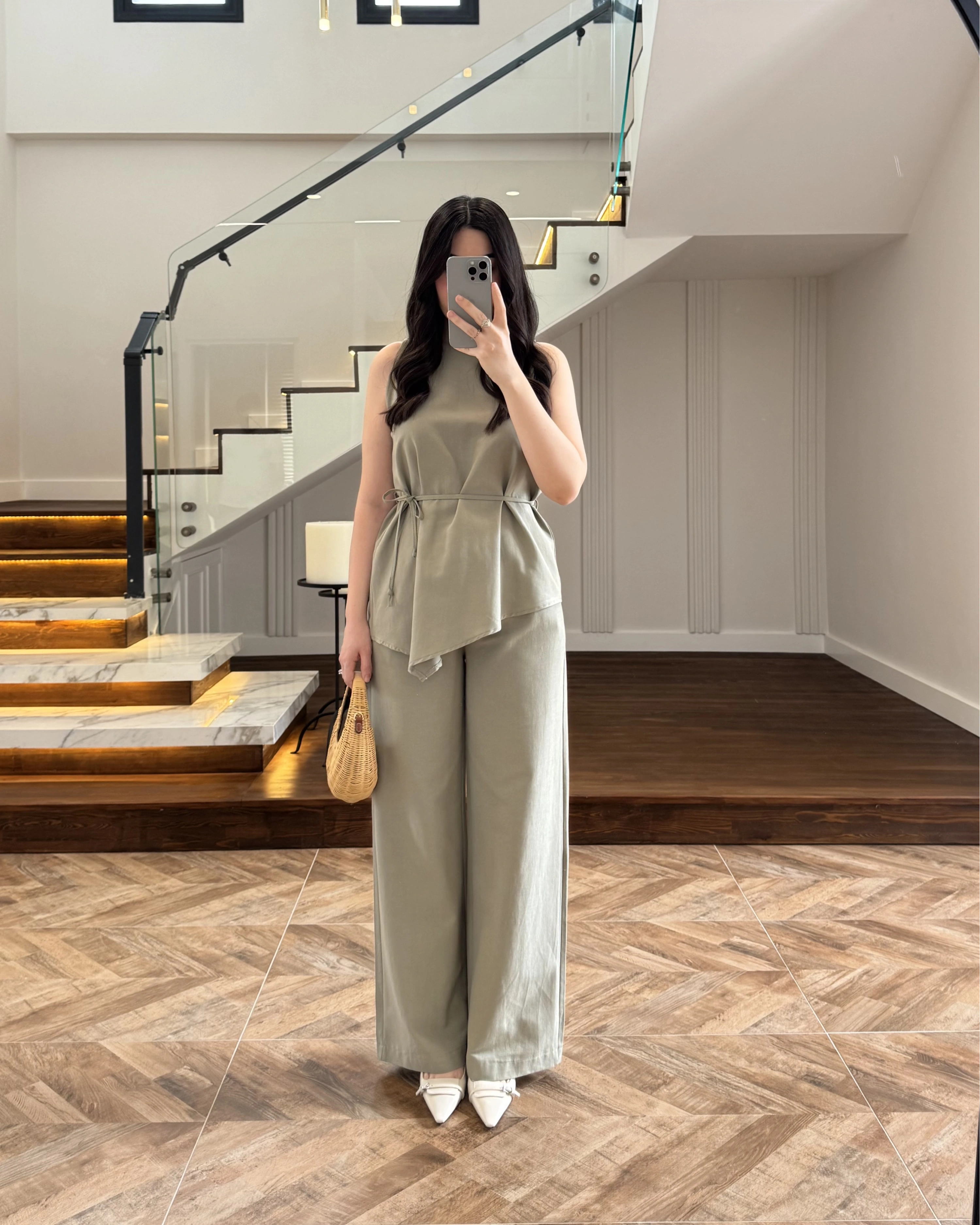 HAKİ ASİMETRİK BLUZ PANTOLON TAKIM-8784