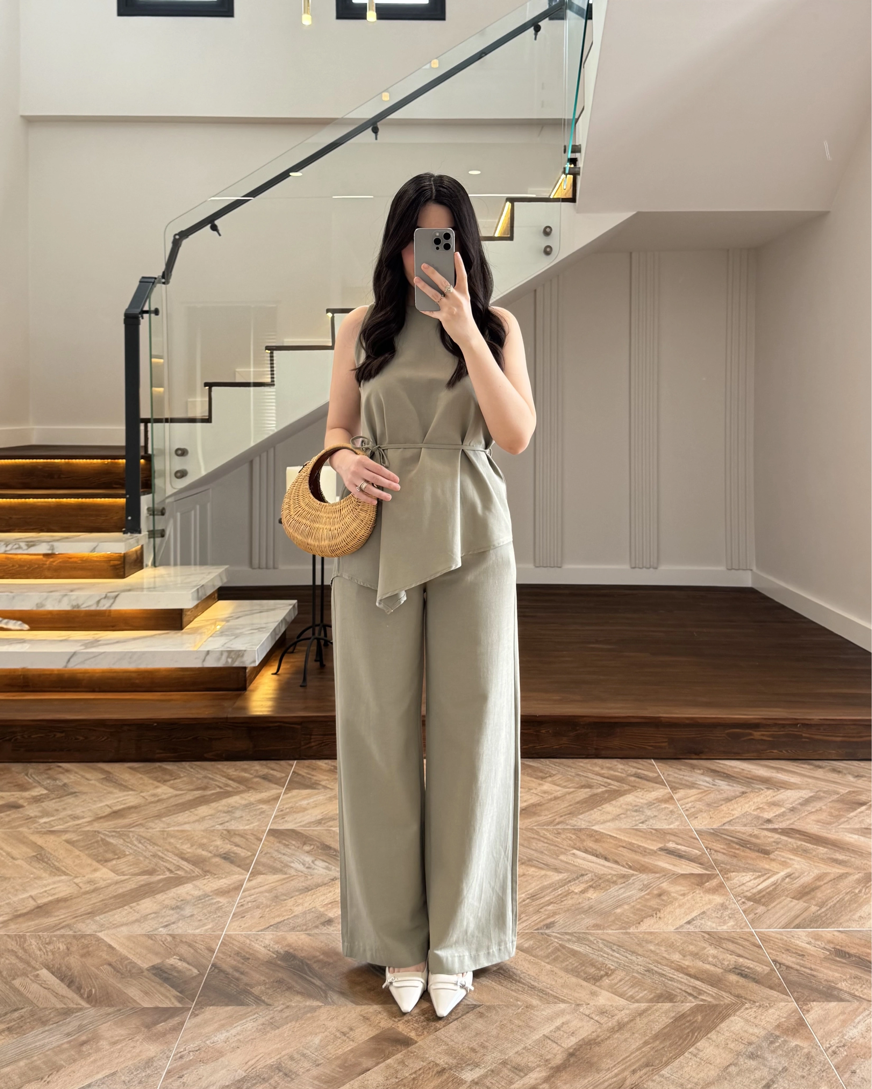 HAKİ ASİMETRİK BLUZ PANTOLON TAKIM-8784