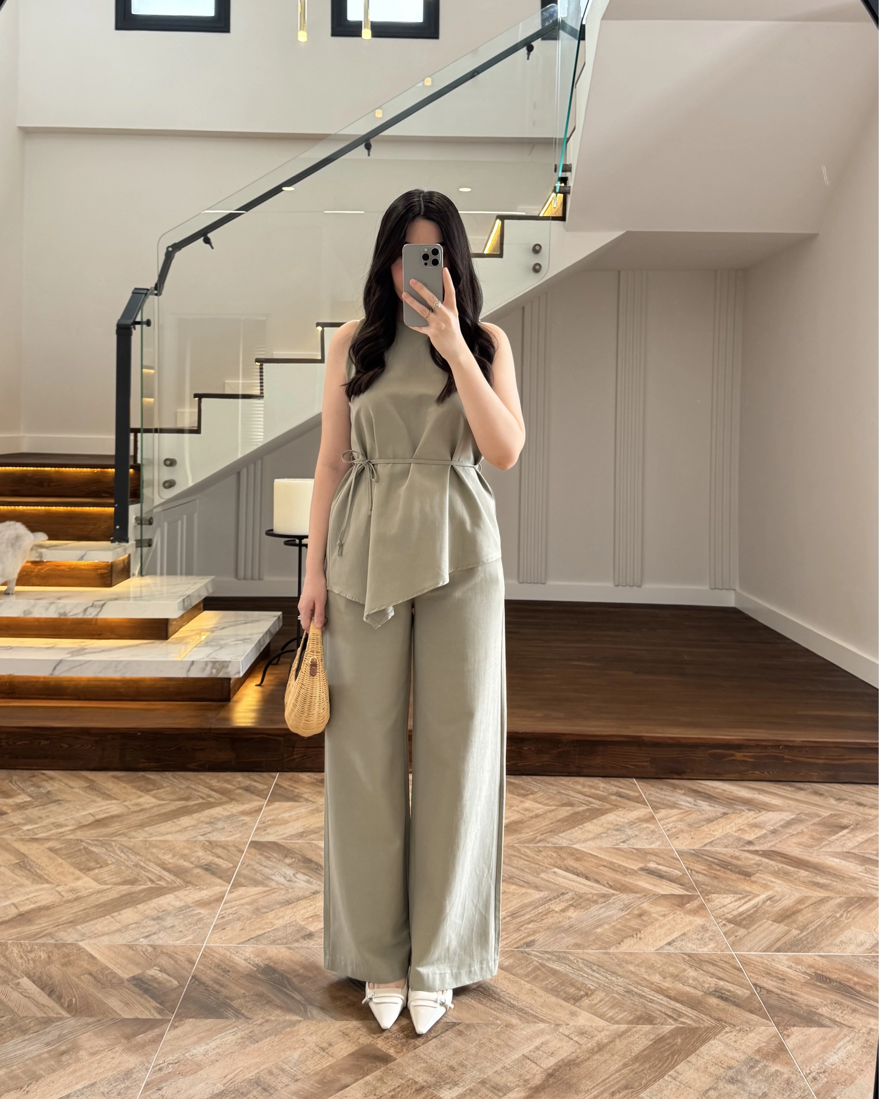 HAKİ ASİMETRİK BLUZ PANTOLON TAKIM-8784