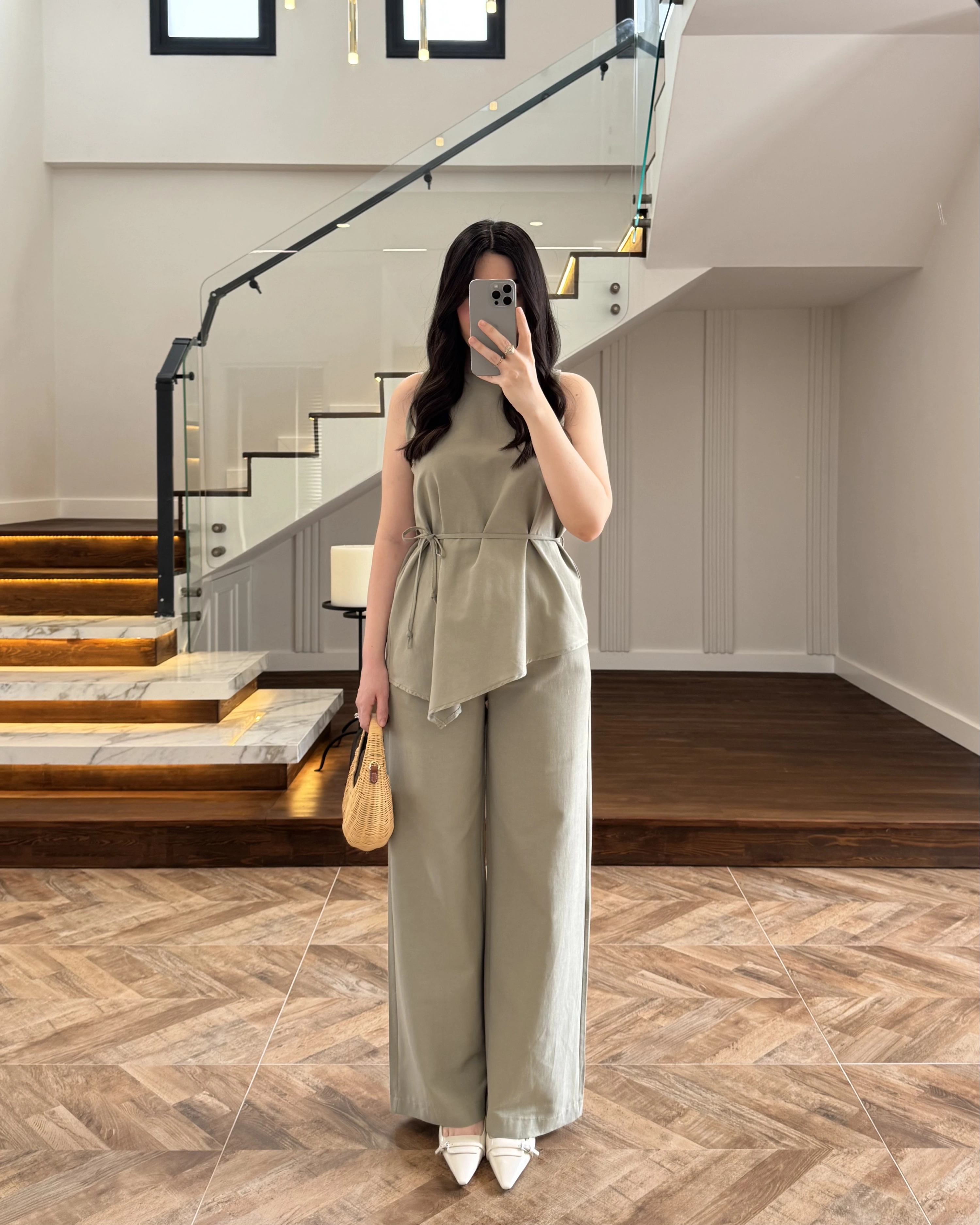 HAKİ ASİMETRİK BLUZ PANTOLON TAKIM-8784