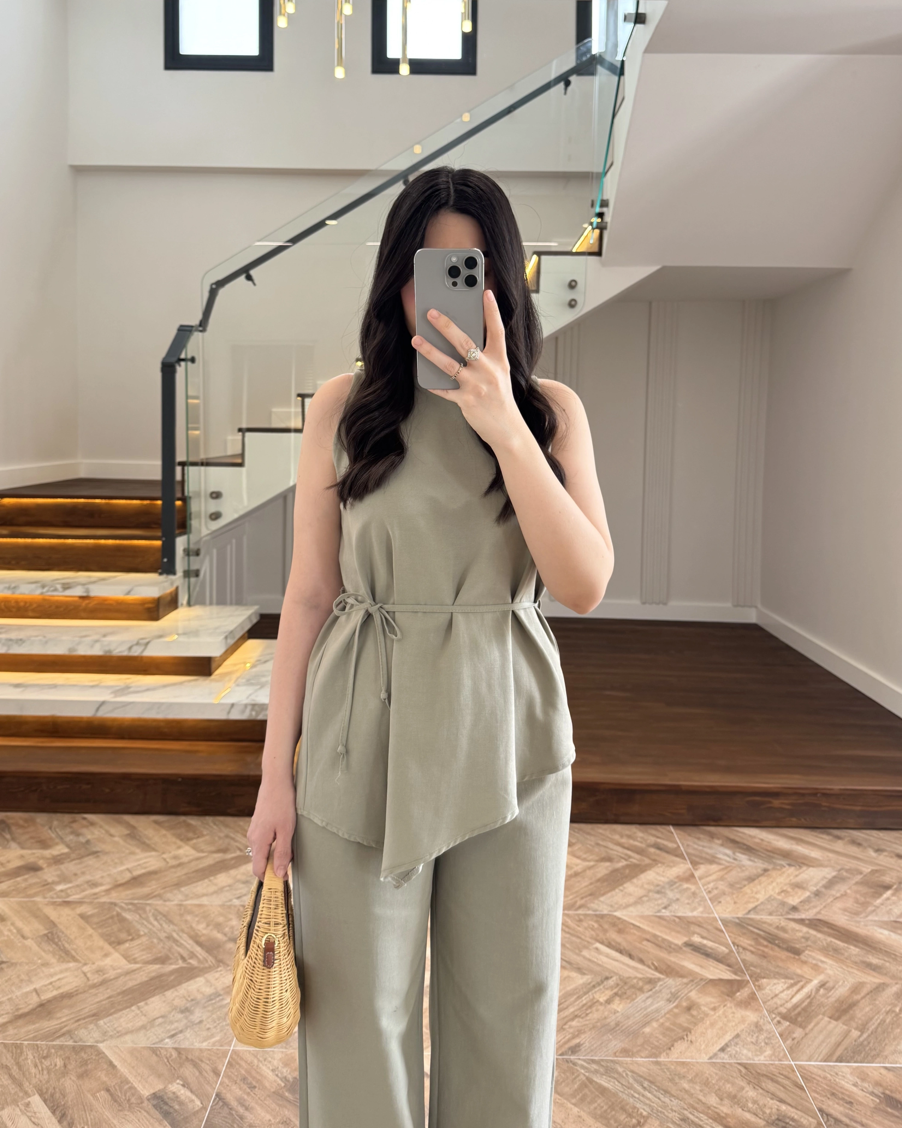 HAKİ ASİMETRİK BLUZ PANTOLON TAKIM-8784