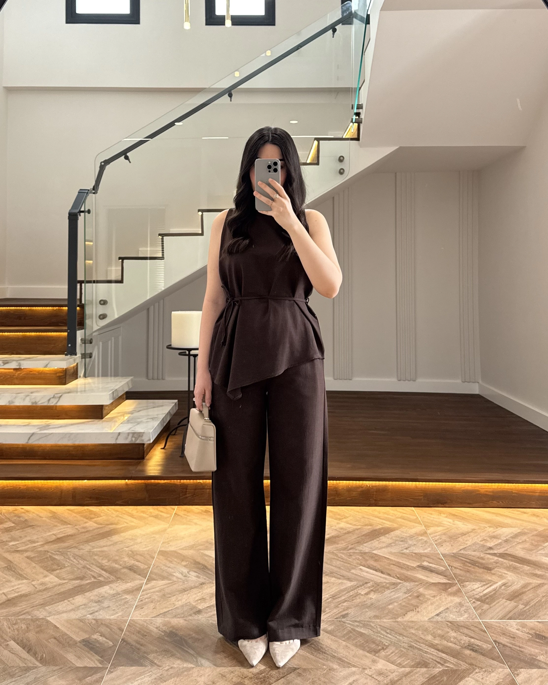 KAHVE ASİMETRİK BLUZ PANTOLON TAKIM-8784