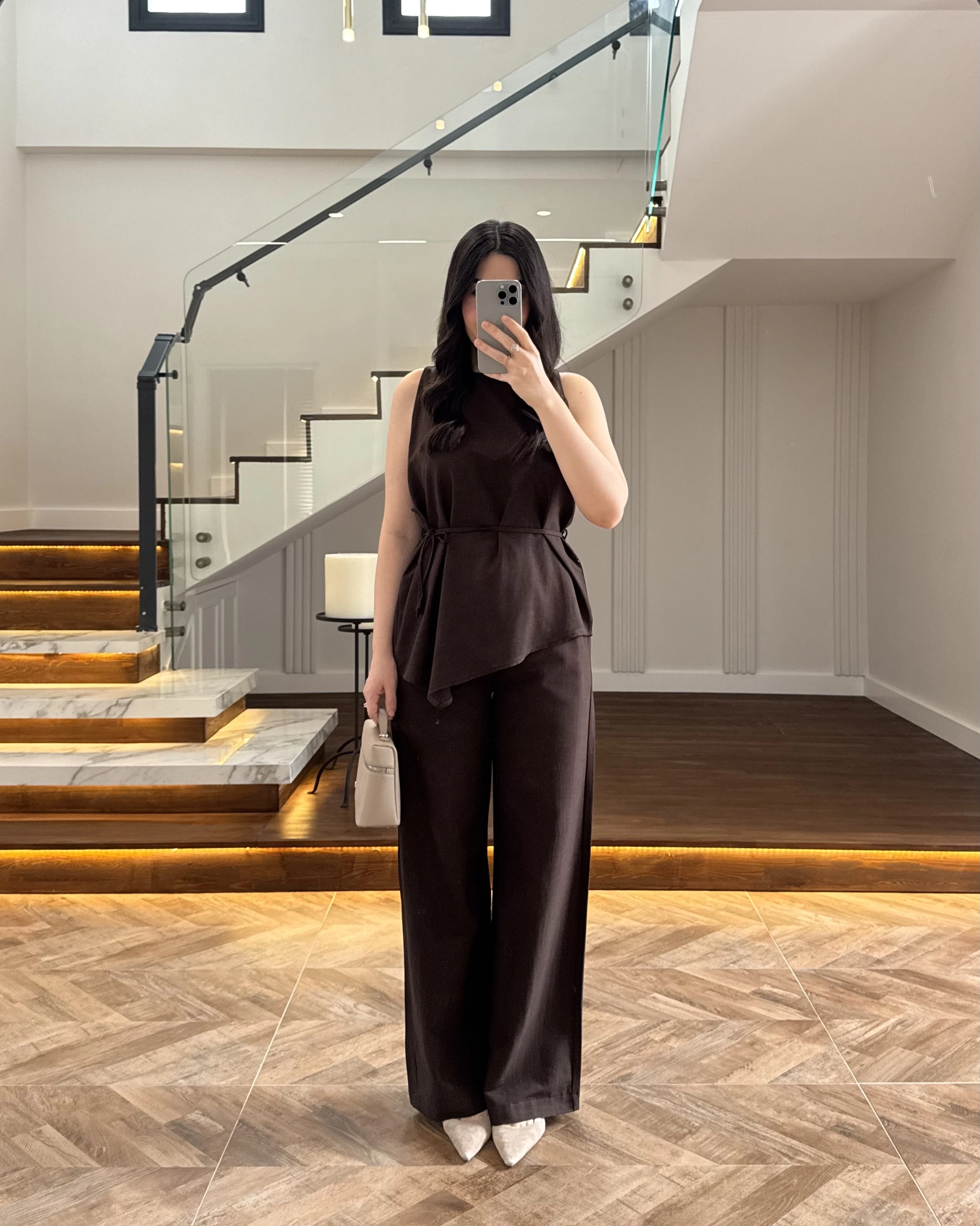 KAHVE ASİMETRİK BLUZ PANTOLON TAKIM-8784