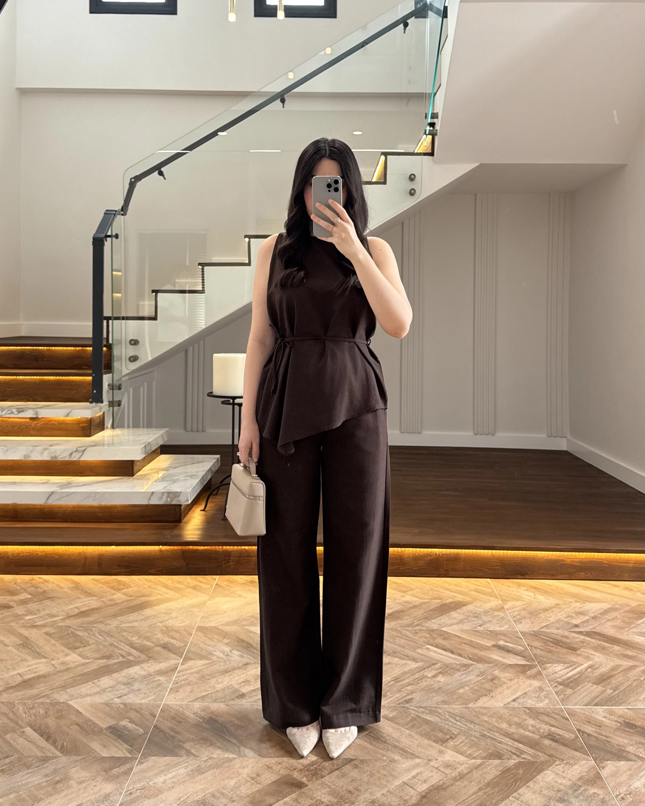 KAHVE ASİMETRİK BLUZ PANTOLON TAKIM-8784
