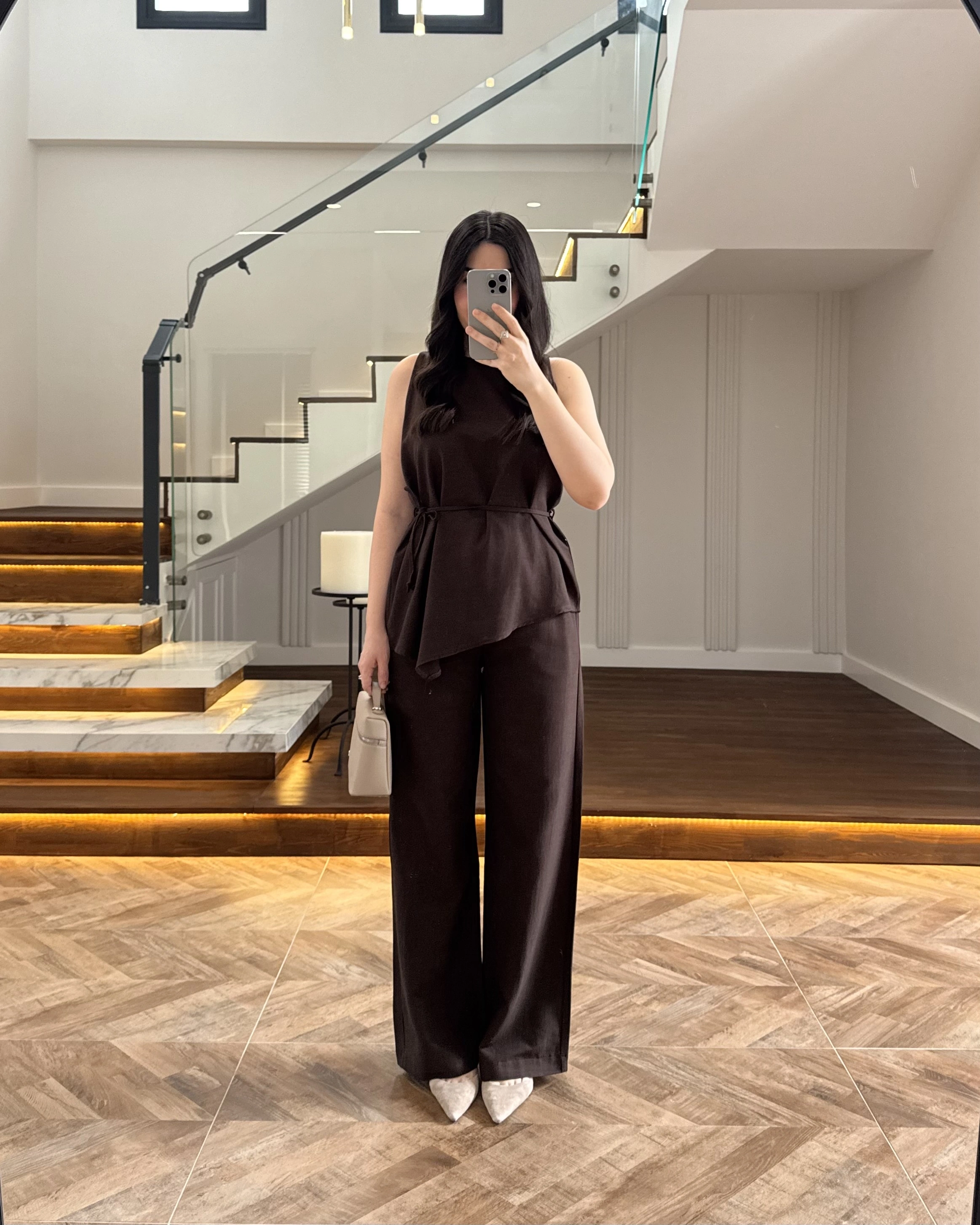 KAHVE ASİMETRİK BLUZ PANTOLON TAKIM-8784