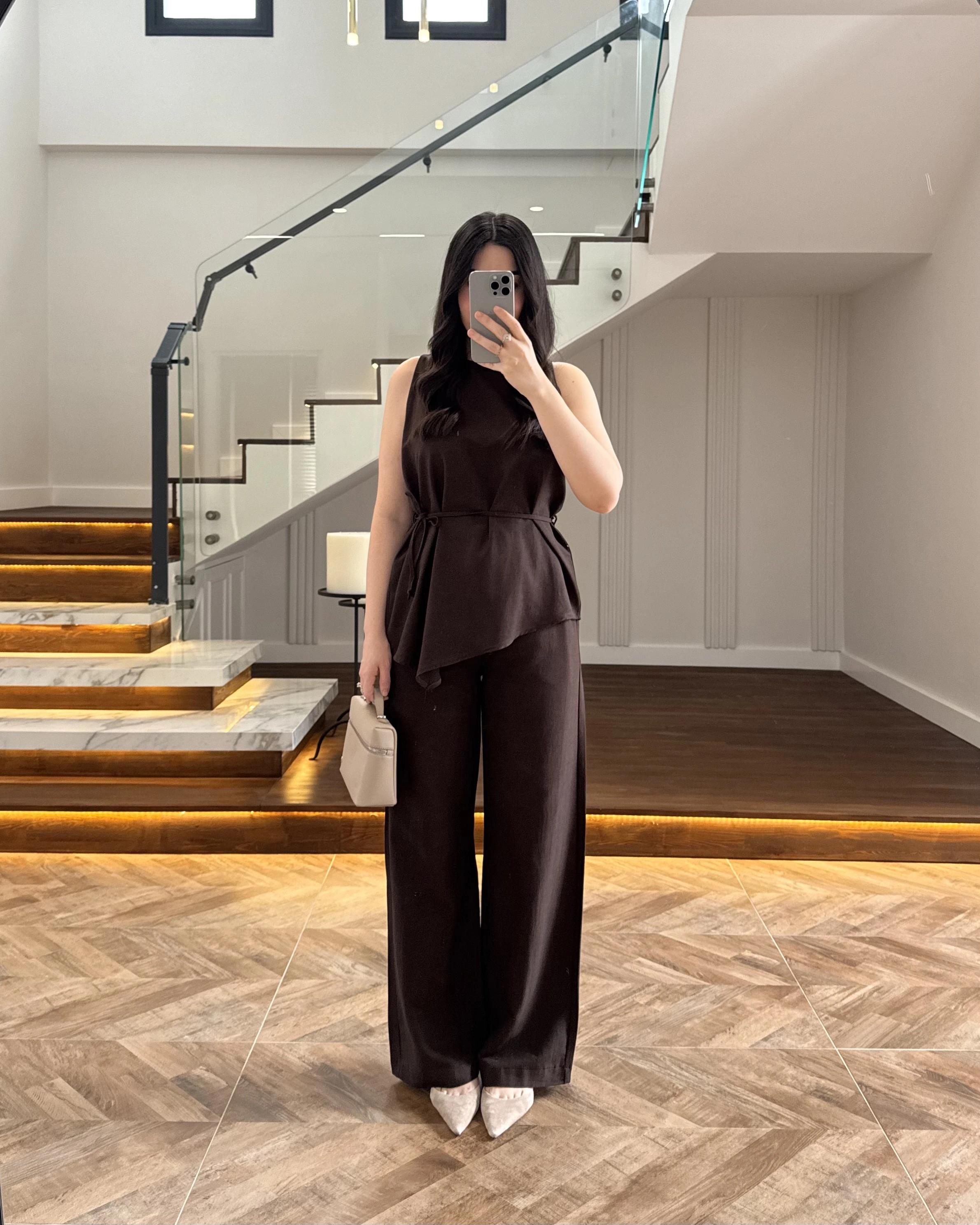 KAHVE ASİMETRİK BLUZ PANTOLON TAKIM-8784