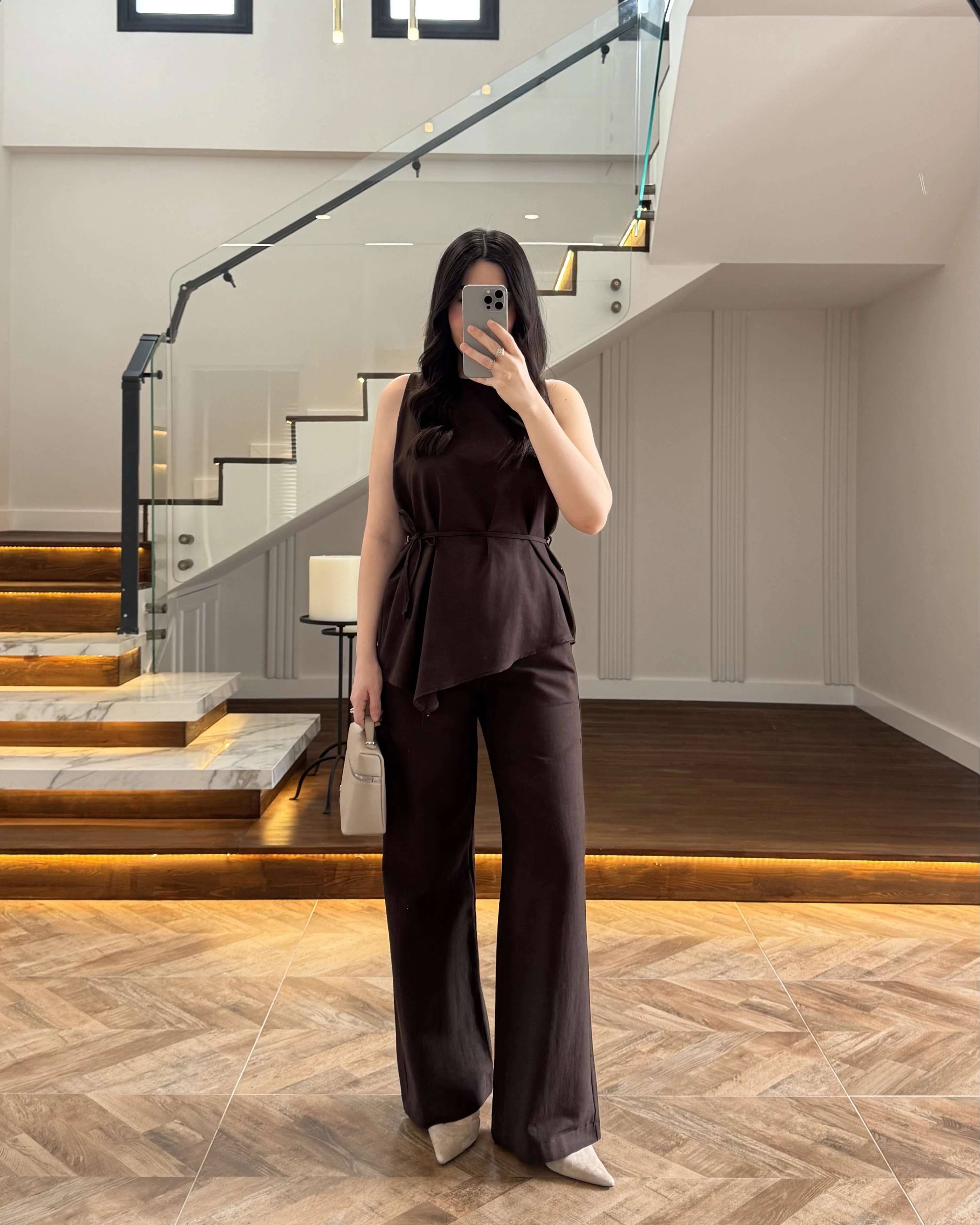 KAHVE ASİMETRİK BLUZ PANTOLON TAKIM-8784