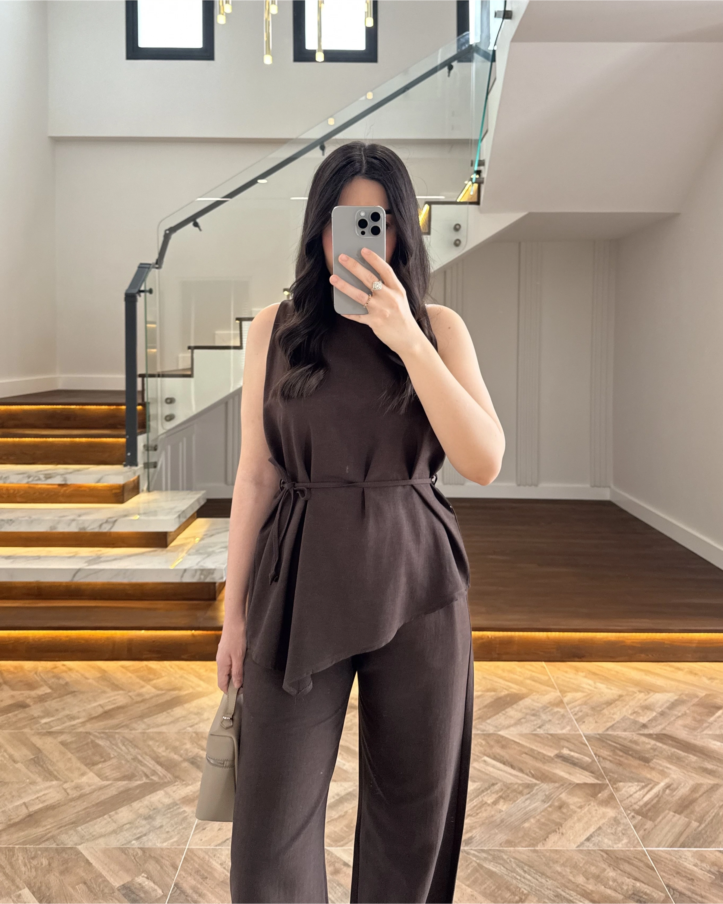 KAHVE ASİMETRİK BLUZ PANTOLON TAKIM-8784