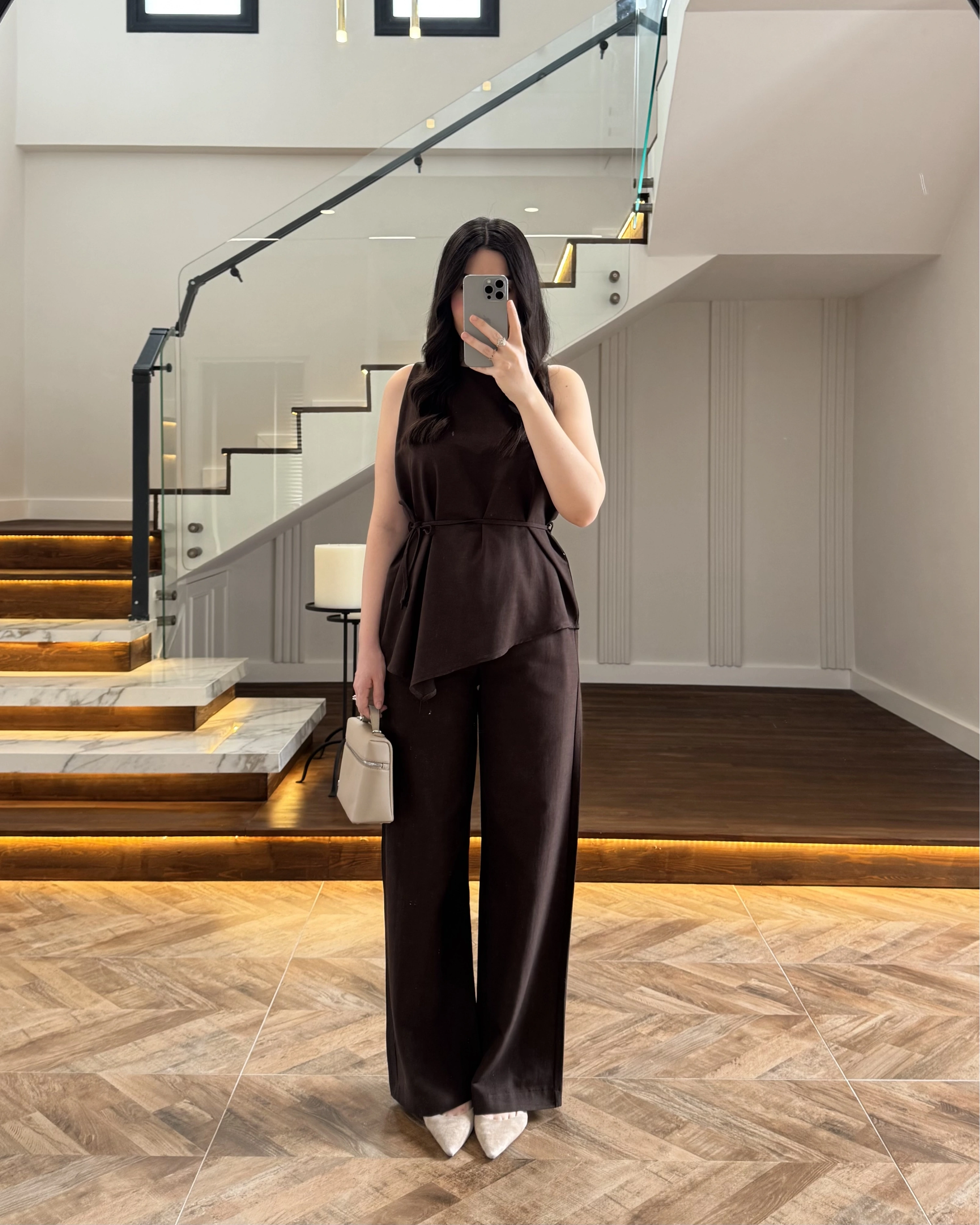 KAHVE ASİMETRİK BLUZ PANTOLON TAKIM-8784