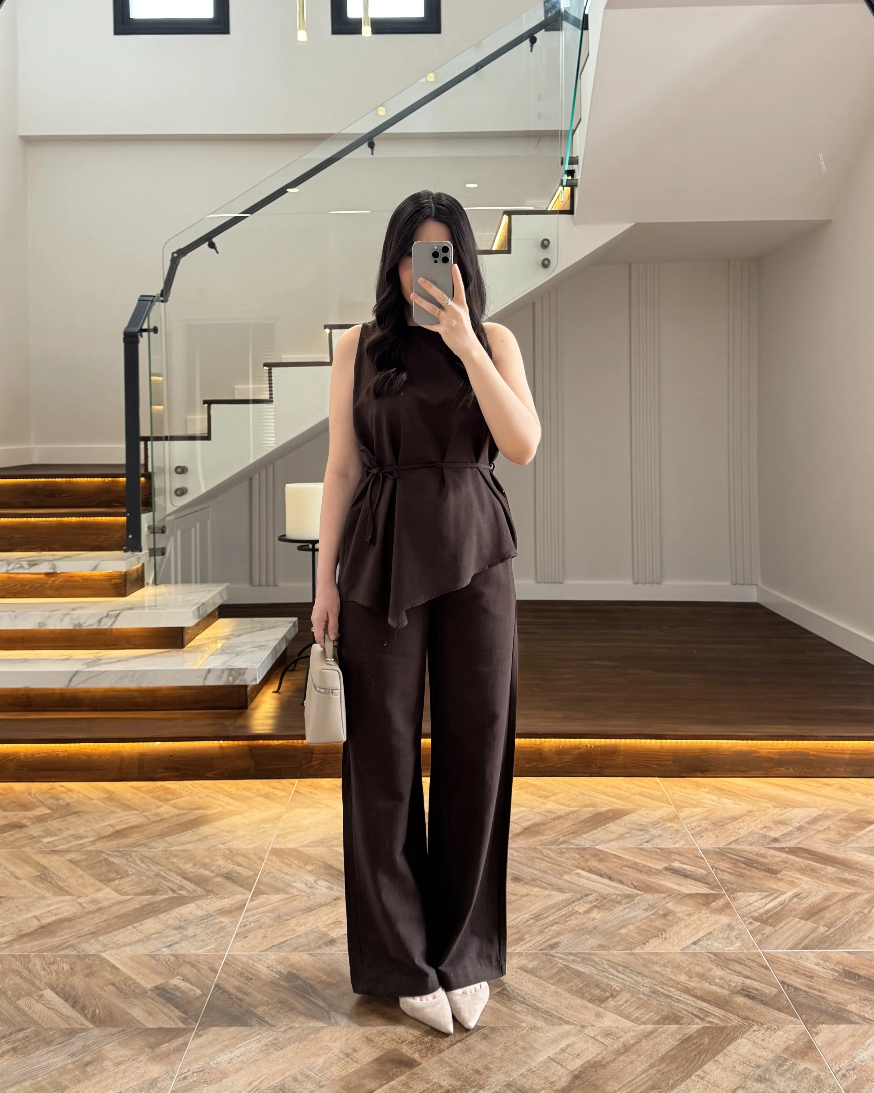 KAHVE ASİMETRİK BLUZ PANTOLON TAKIM-8784