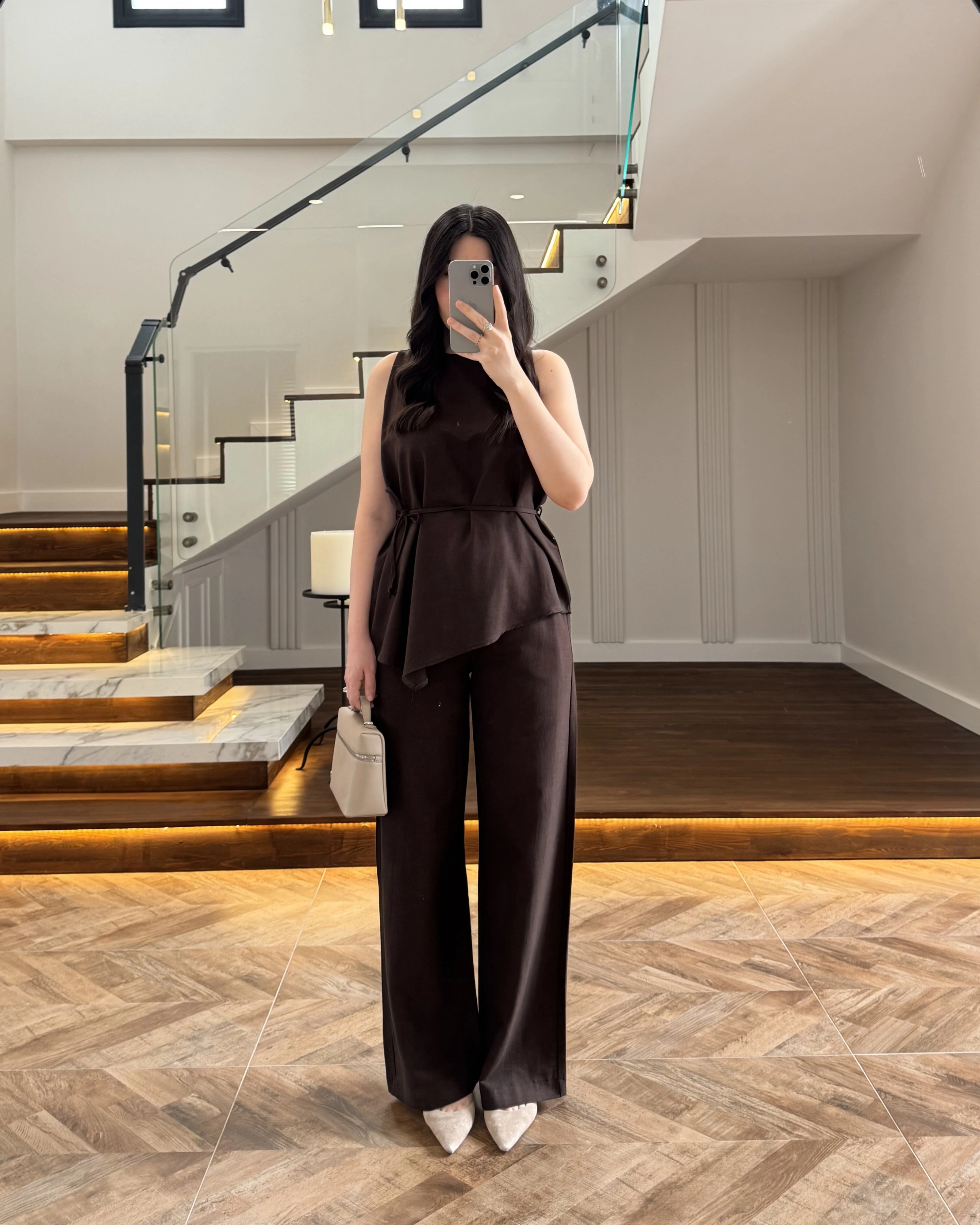 KAHVE ASİMETRİK BLUZ PANTOLON TAKIM-8784