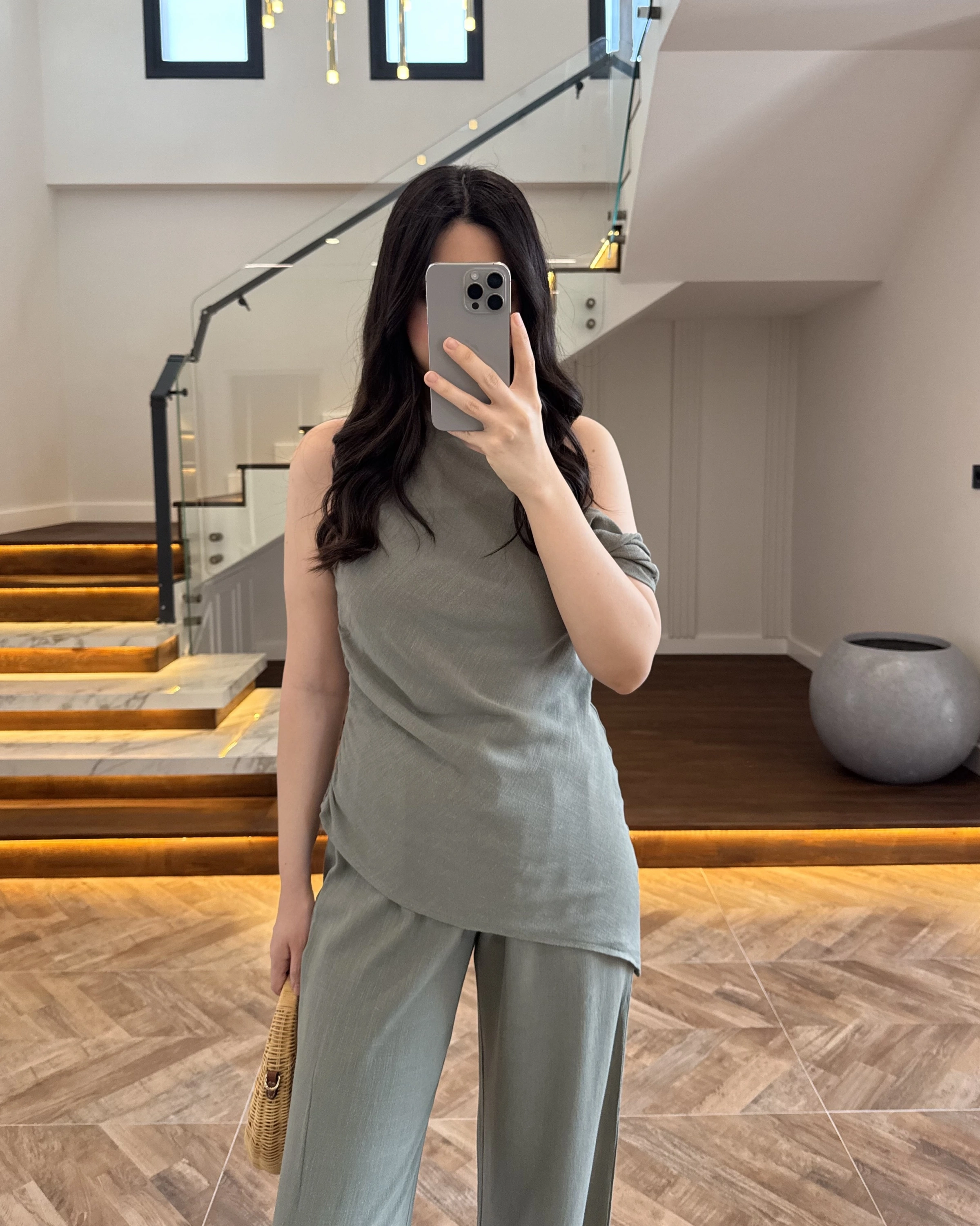 HAKİ ASİMETRİK TEK OMUZ BLUZ TAKIM-267330
