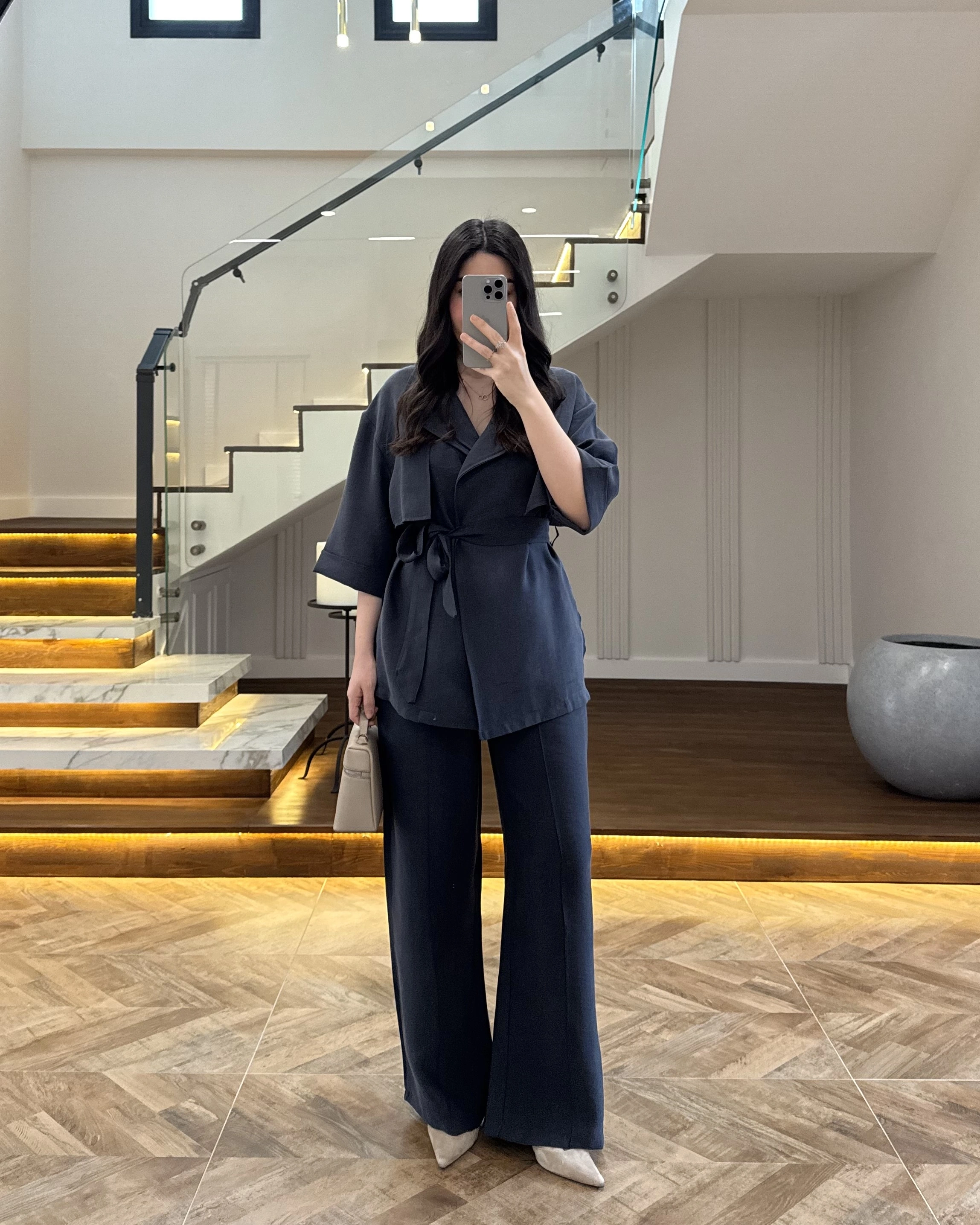 LACİVERT TENSEL YARIM KOL GÖMLEK PANTOLON TAKIM-267309