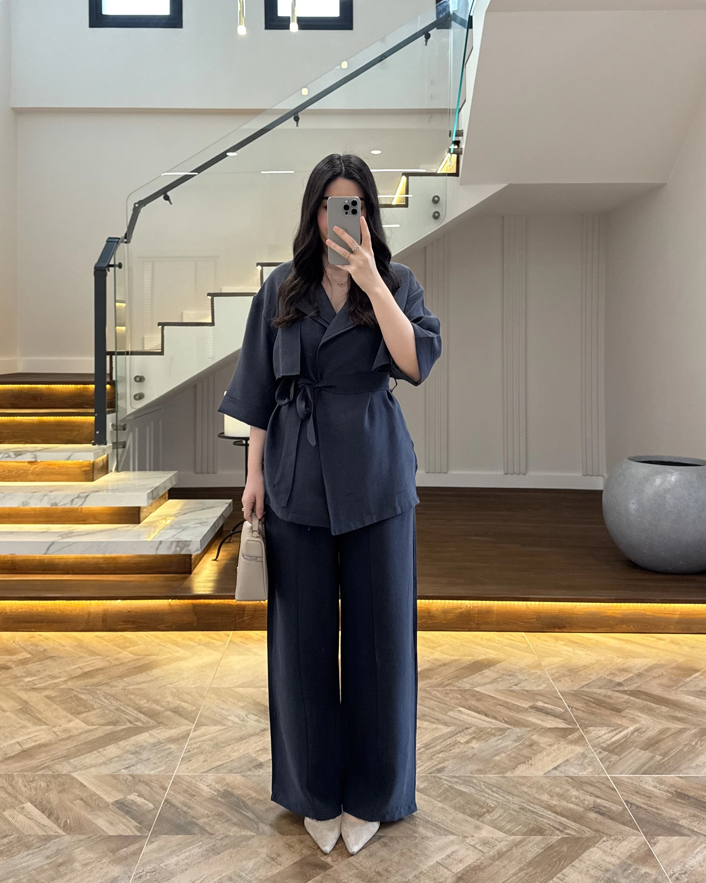 LACİVERT TENSEL YARIM KOL GÖMLEK PANTOLON TAKIM-267309