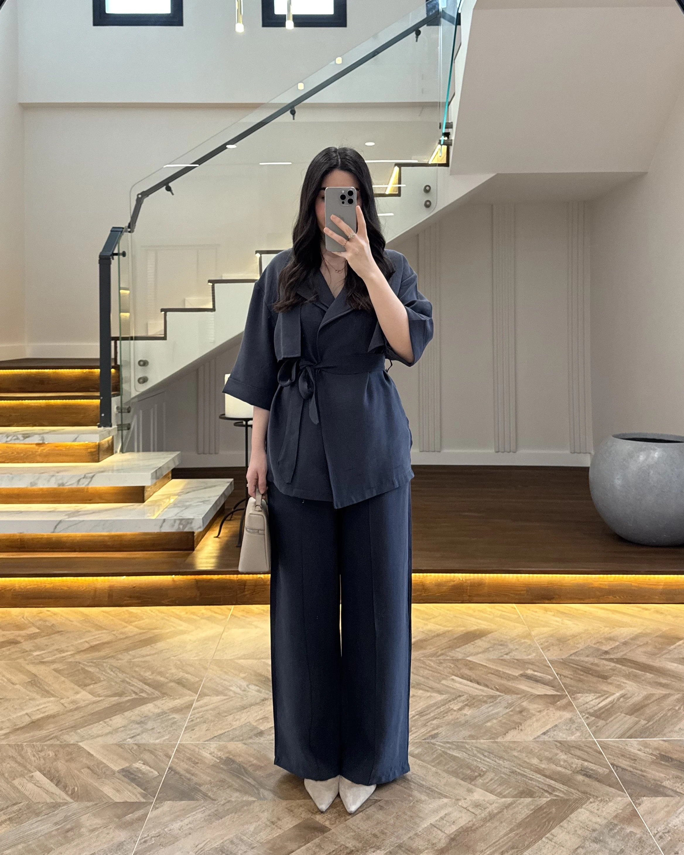 LACİVERT TENSEL YARIM KOL GÖMLEK PANTOLON TAKIM-267309