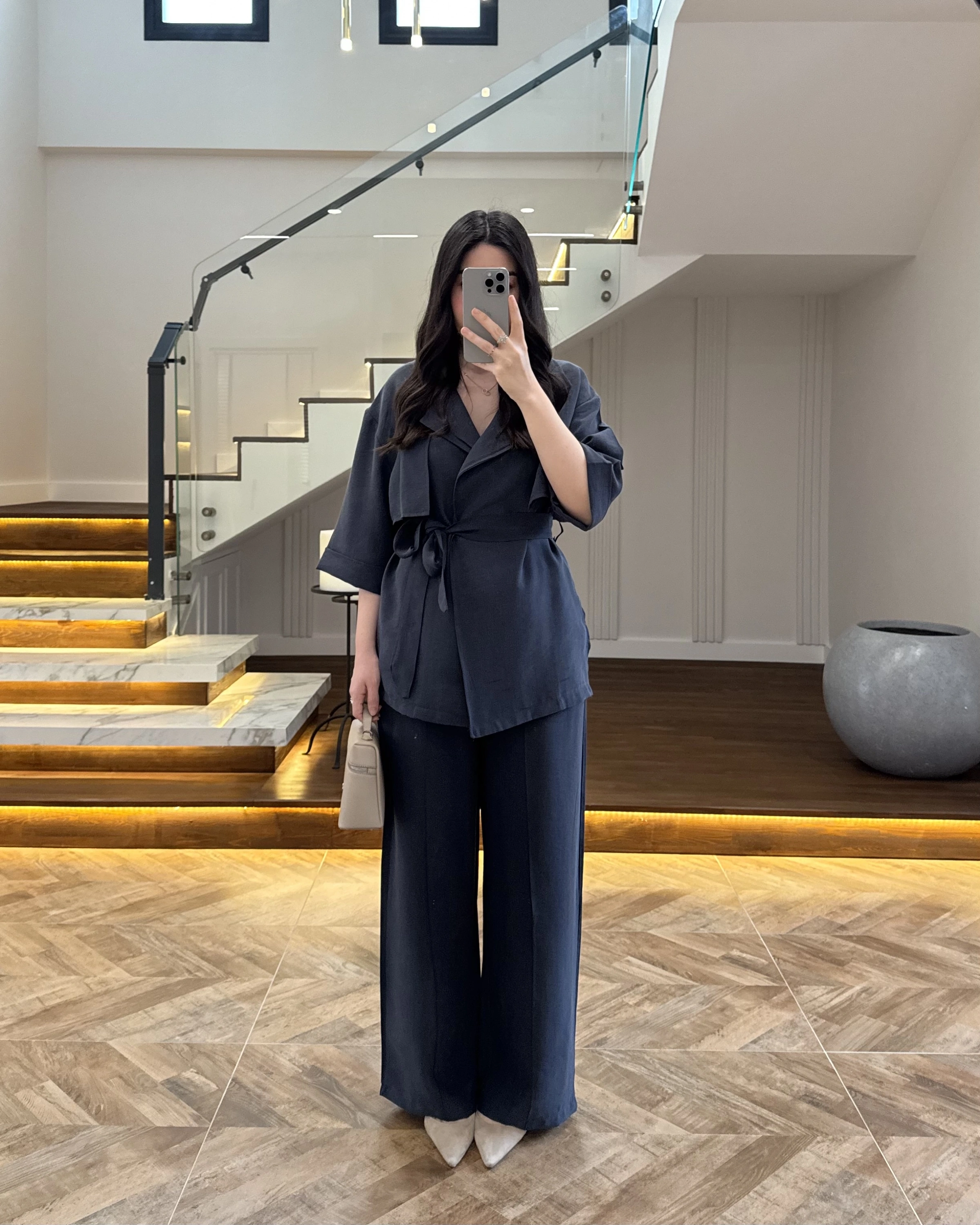 LACİVERT TENSEL YARIM KOL GÖMLEK PANTOLON TAKIM-267309