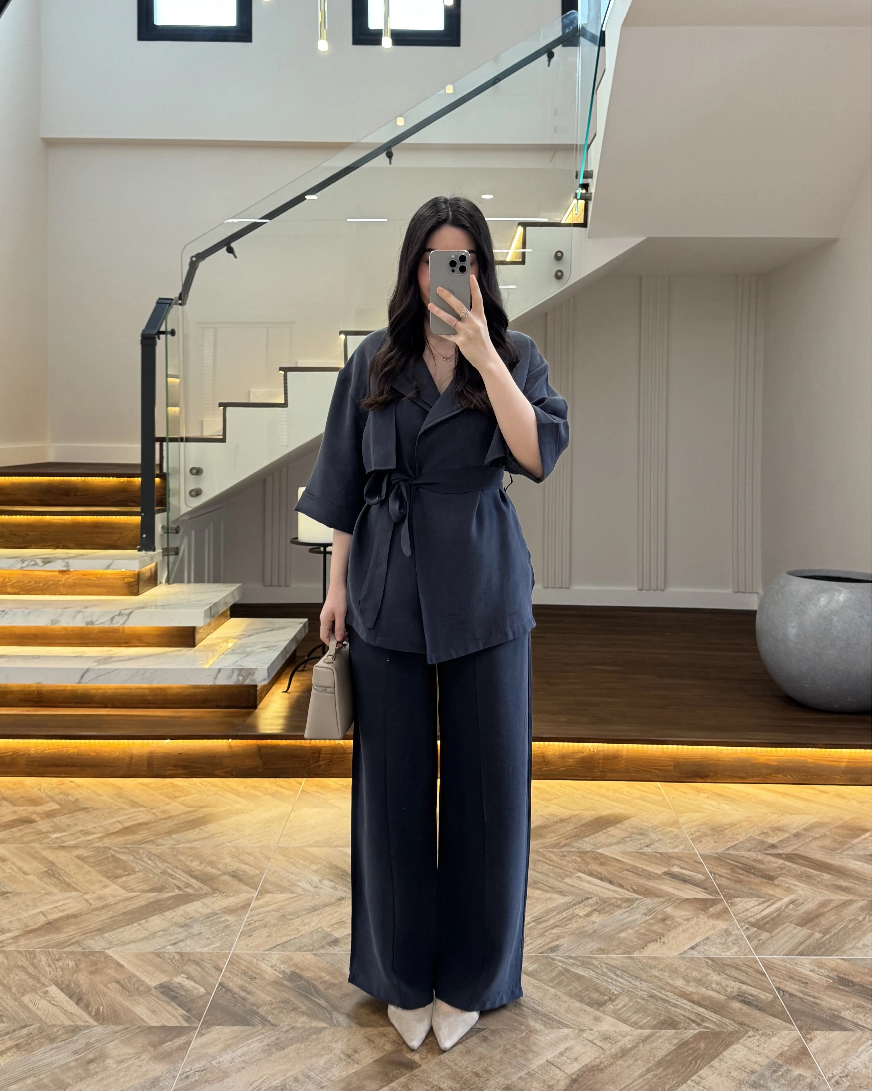 LACİVERT TENSEL YARIM KOL GÖMLEK PANTOLON TAKIM-267309