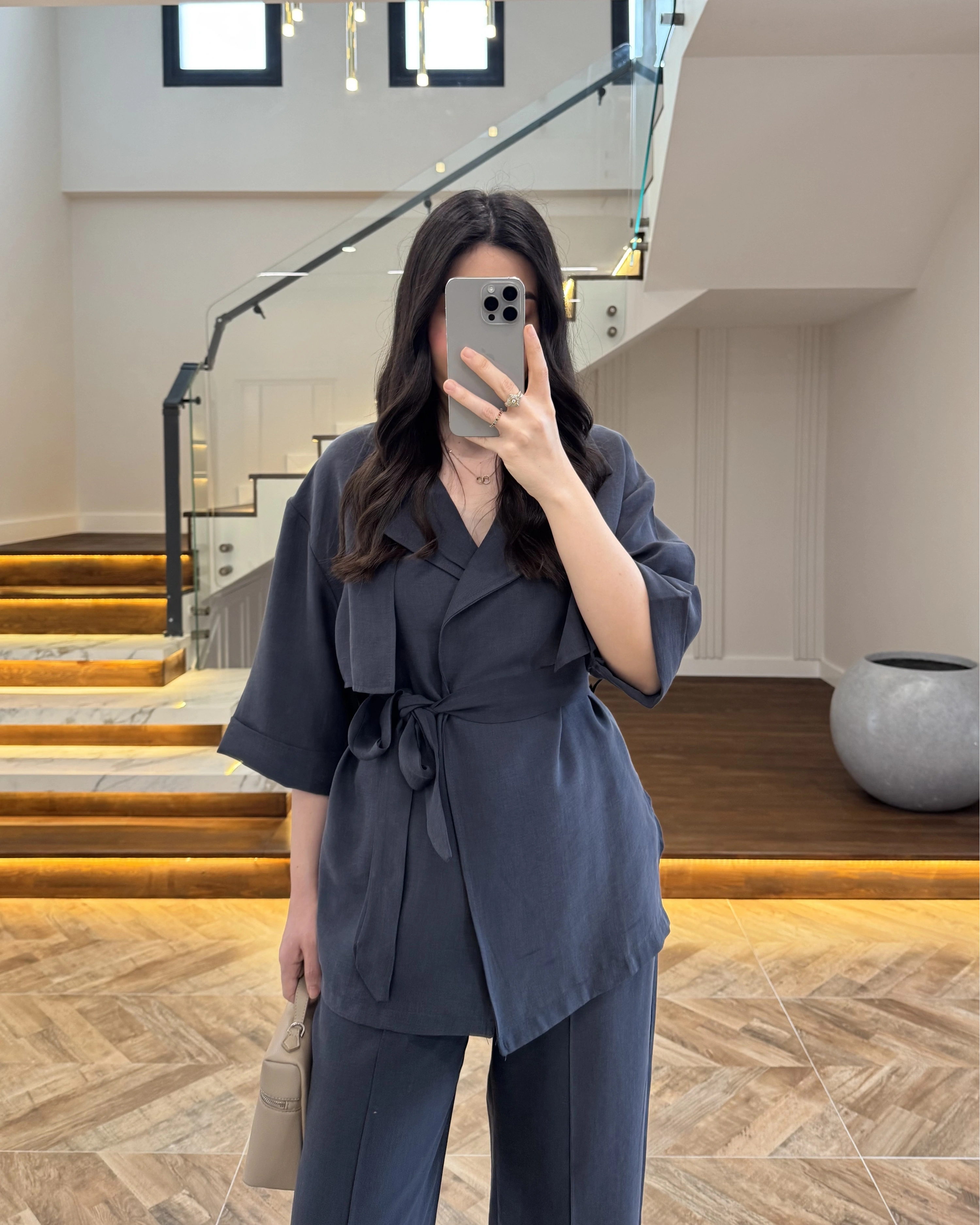 LACİVERT TENSEL YARIM KOL GÖMLEK PANTOLON TAKIM-267309
