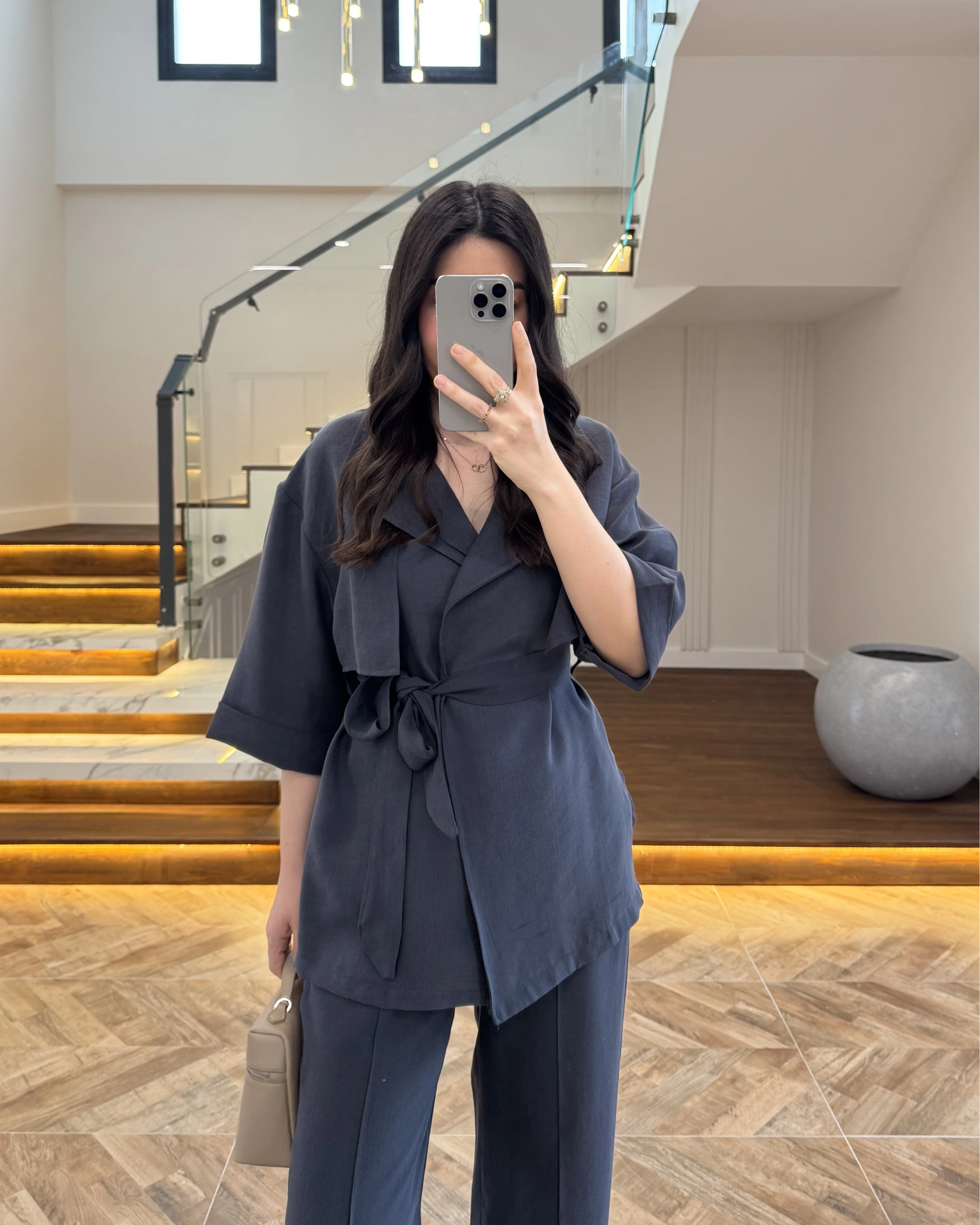 LACİVERT TENSEL YARIM KOL GÖMLEK PANTOLON TAKIM-267309