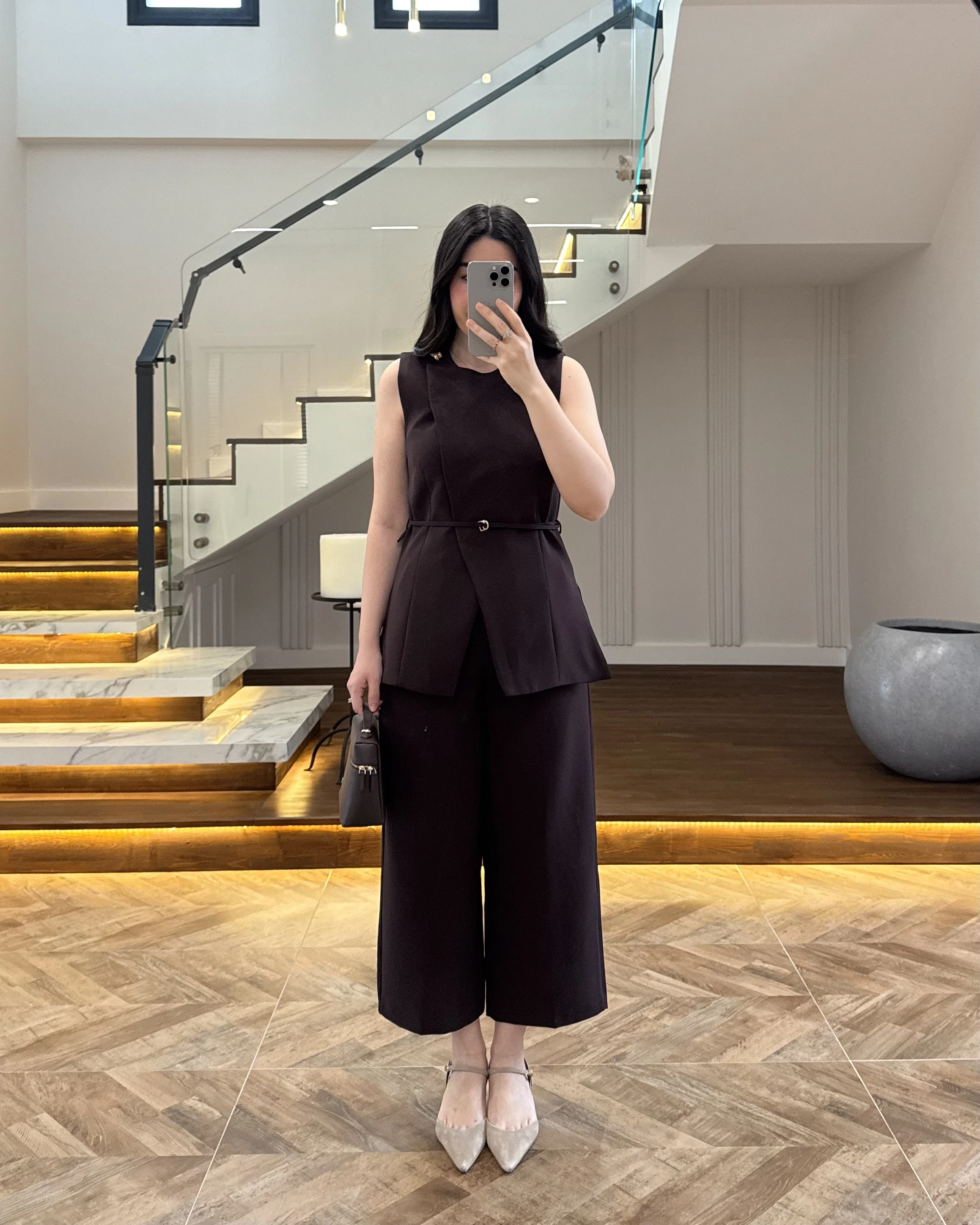 KAHVE SIFIR YAKA BAĞCIKLI YELEK PANTOLON TAKIM-267326