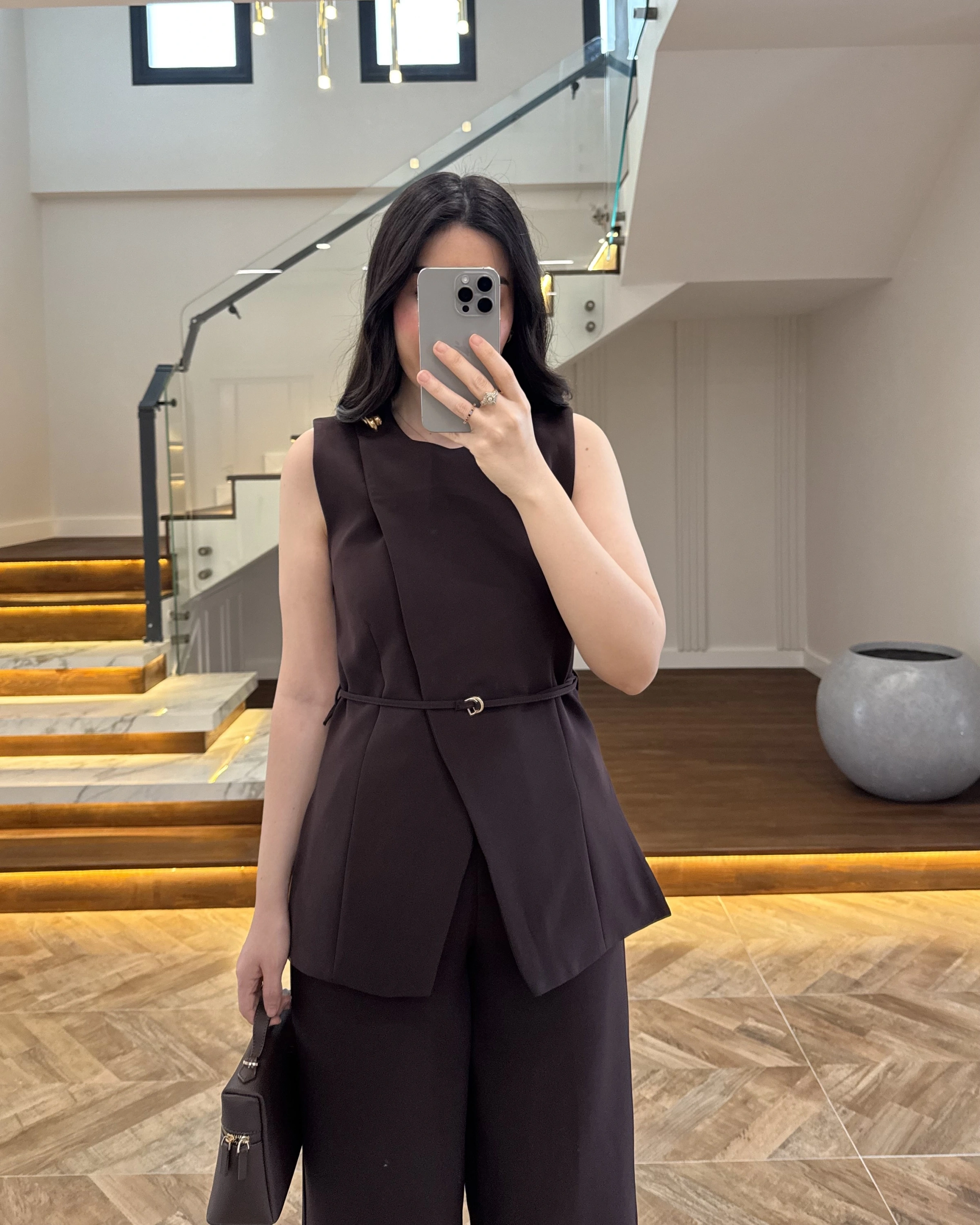 KAHVE SIFIR YAKA BAĞCIKLI YELEK PANTOLON TAKIM-267326