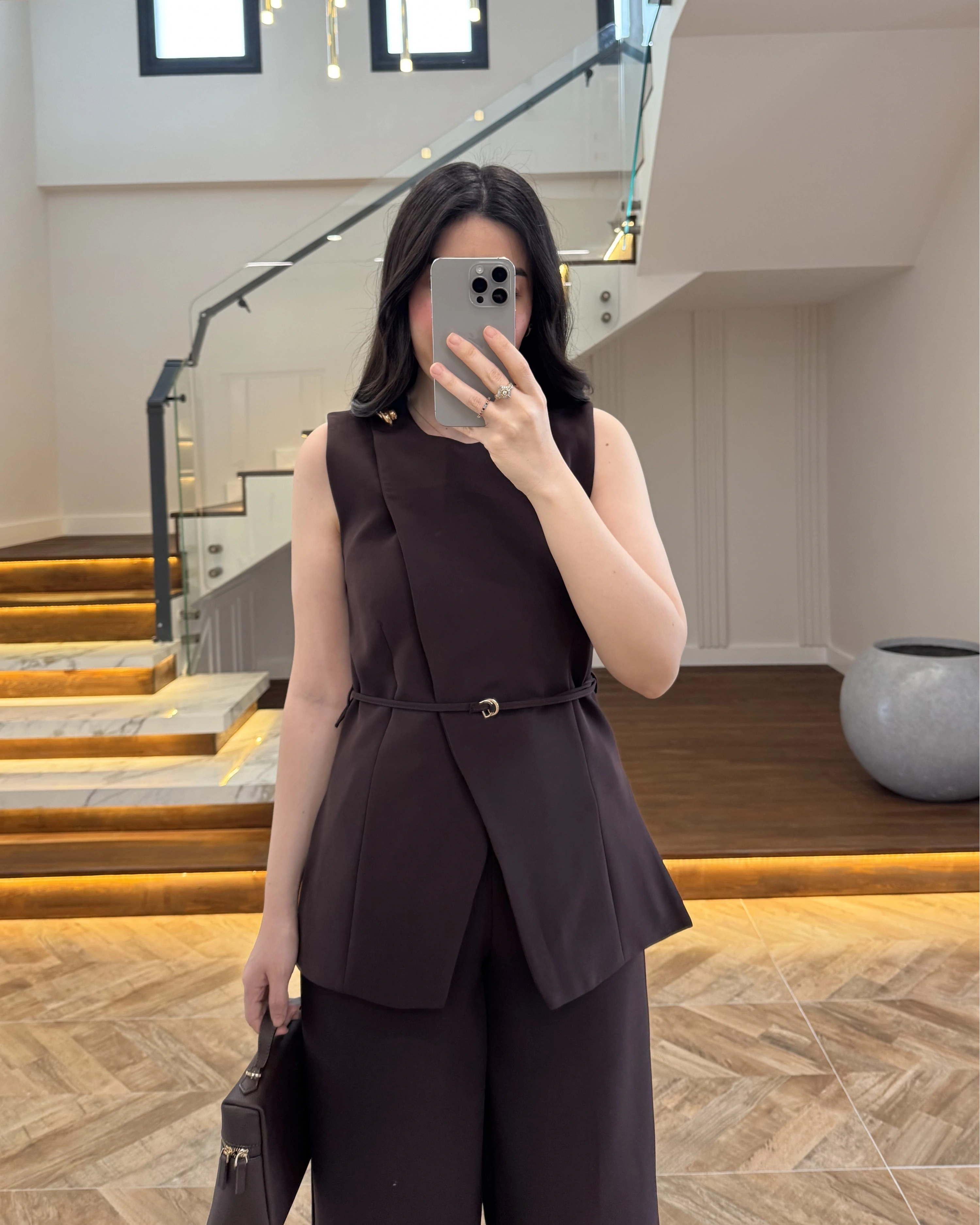 KAHVE SIFIR YAKA BAĞCIKLI YELEK PANTOLON TAKIM-267326
