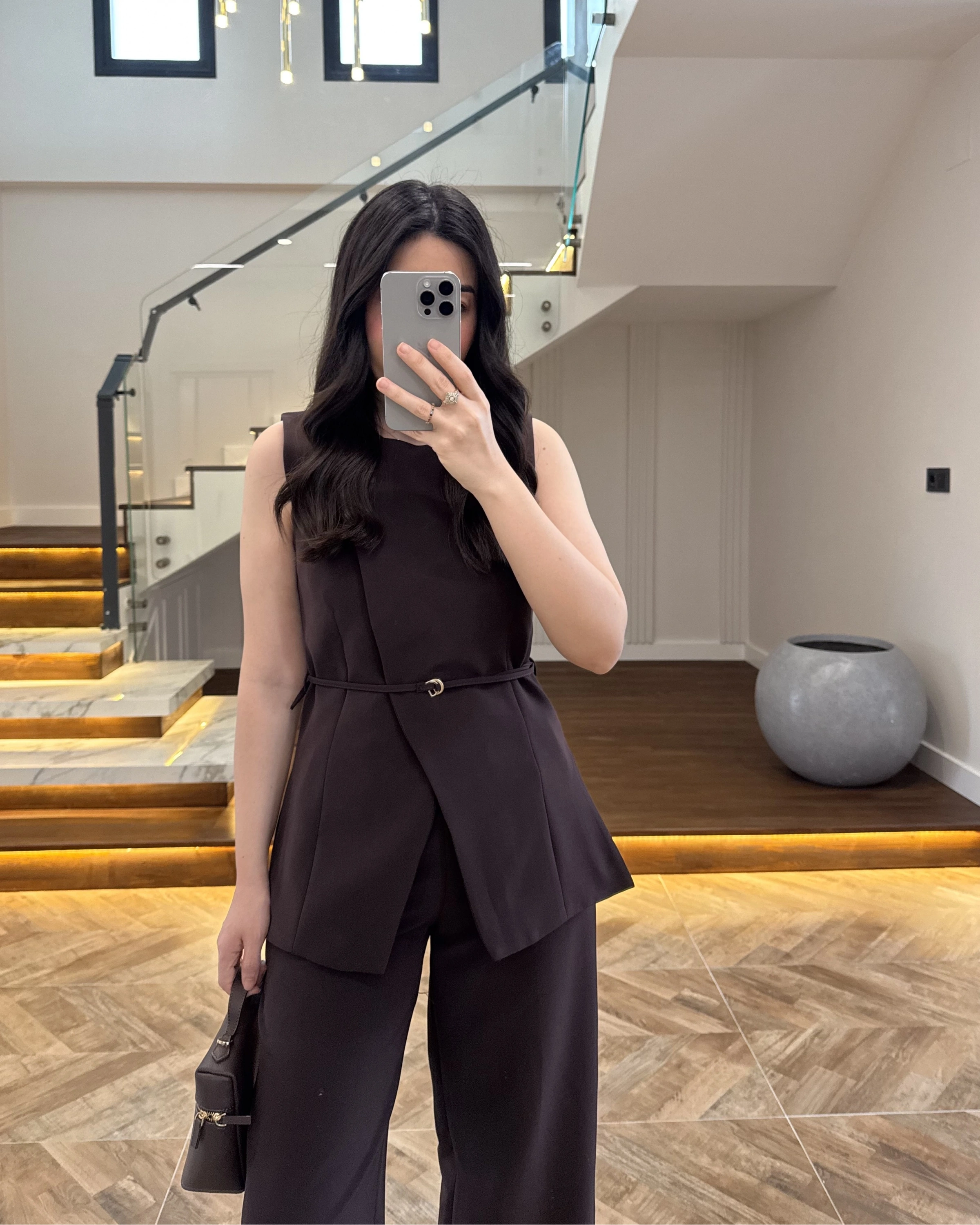 KAHVE SIFIR YAKA BAĞCIKLI YELEK PANTOLON TAKIM-267326