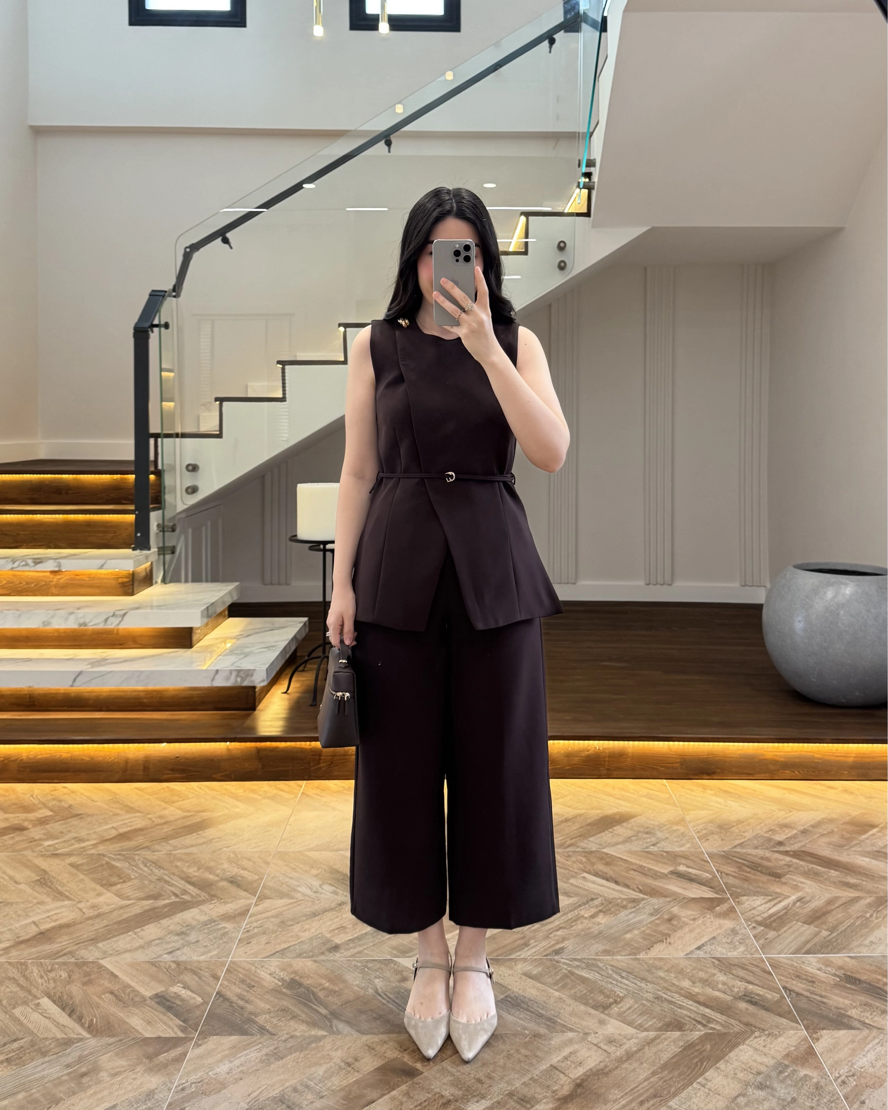 KAHVE SIFIR YAKA BAĞCIKLI YELEK PANTOLON TAKIM-267326