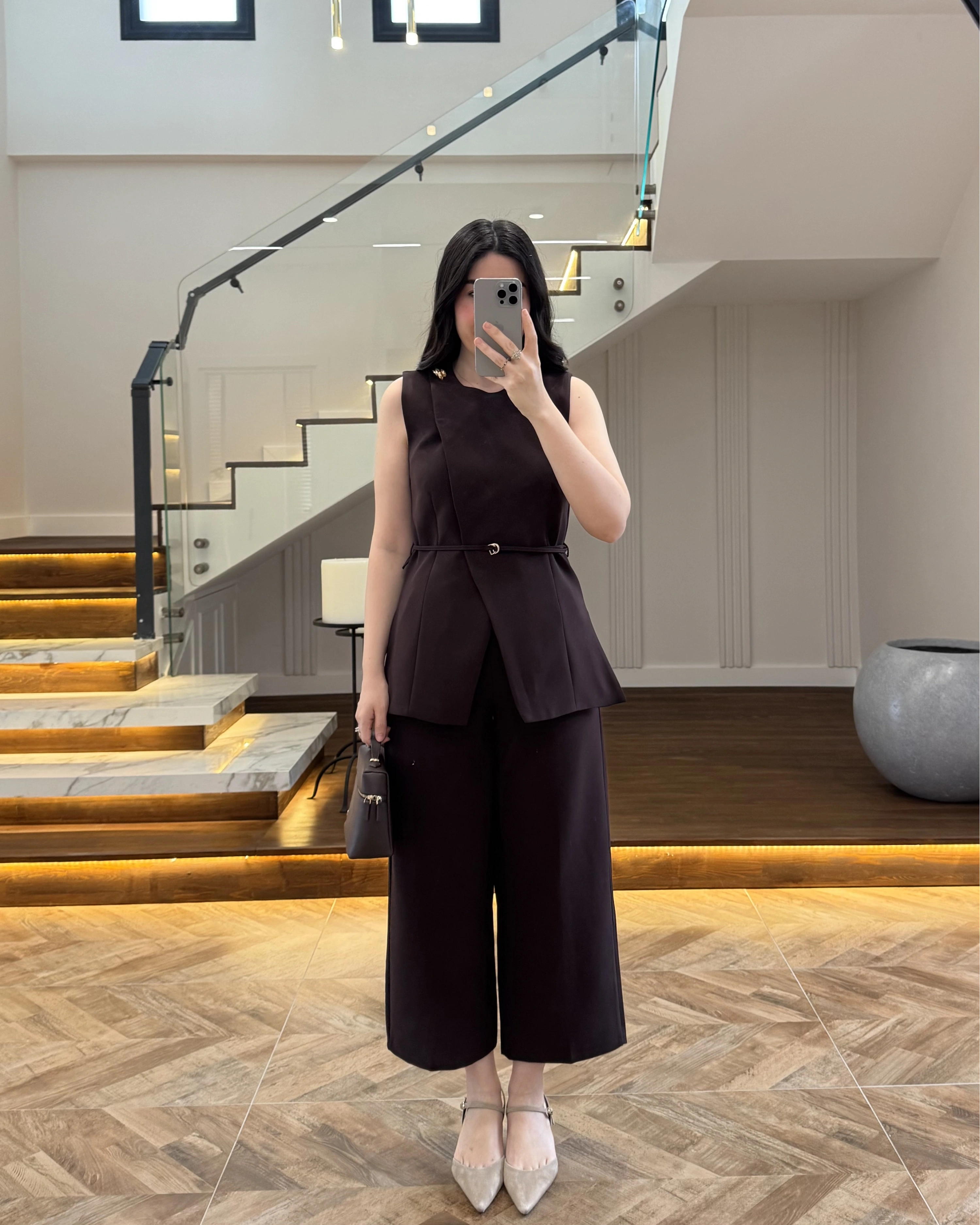 KAHVE SIFIR YAKA BAĞCIKLI YELEK PANTOLON TAKIM-267326