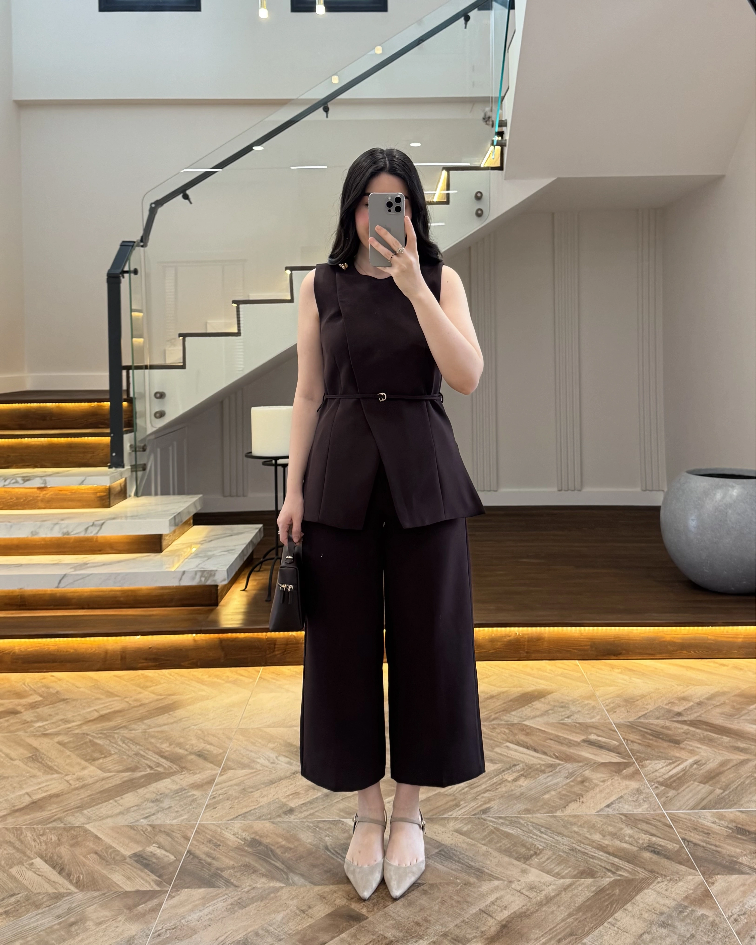 KAHVE SIFIR YAKA BAĞCIKLI YELEK PANTOLON TAKIM-267326