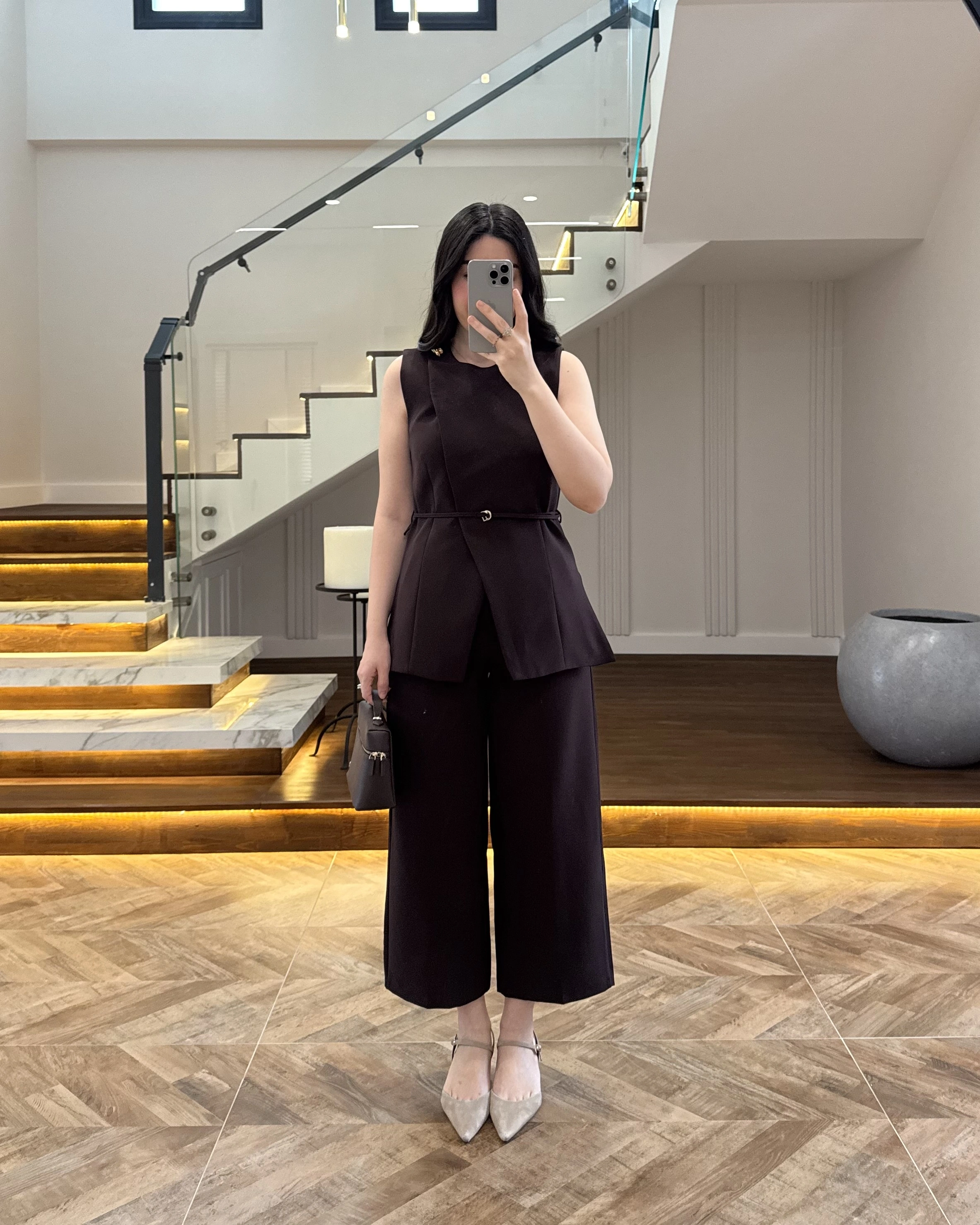 KAHVE SIFIR YAKA BAĞCIKLI YELEK PANTOLON TAKIM-267326