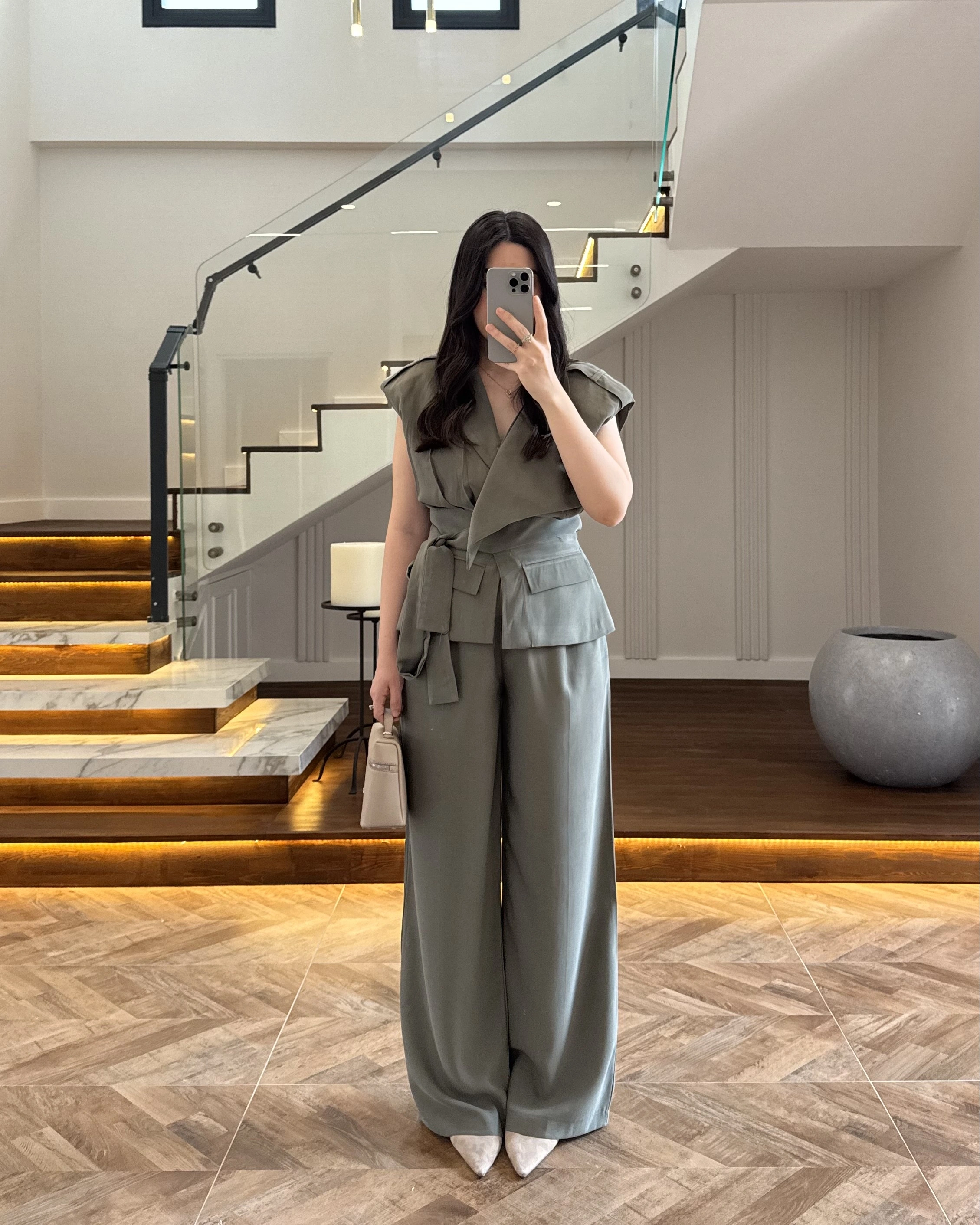 HAKİ BELİ KUŞAKLI YELEK PANTOLON TAKIM-580769