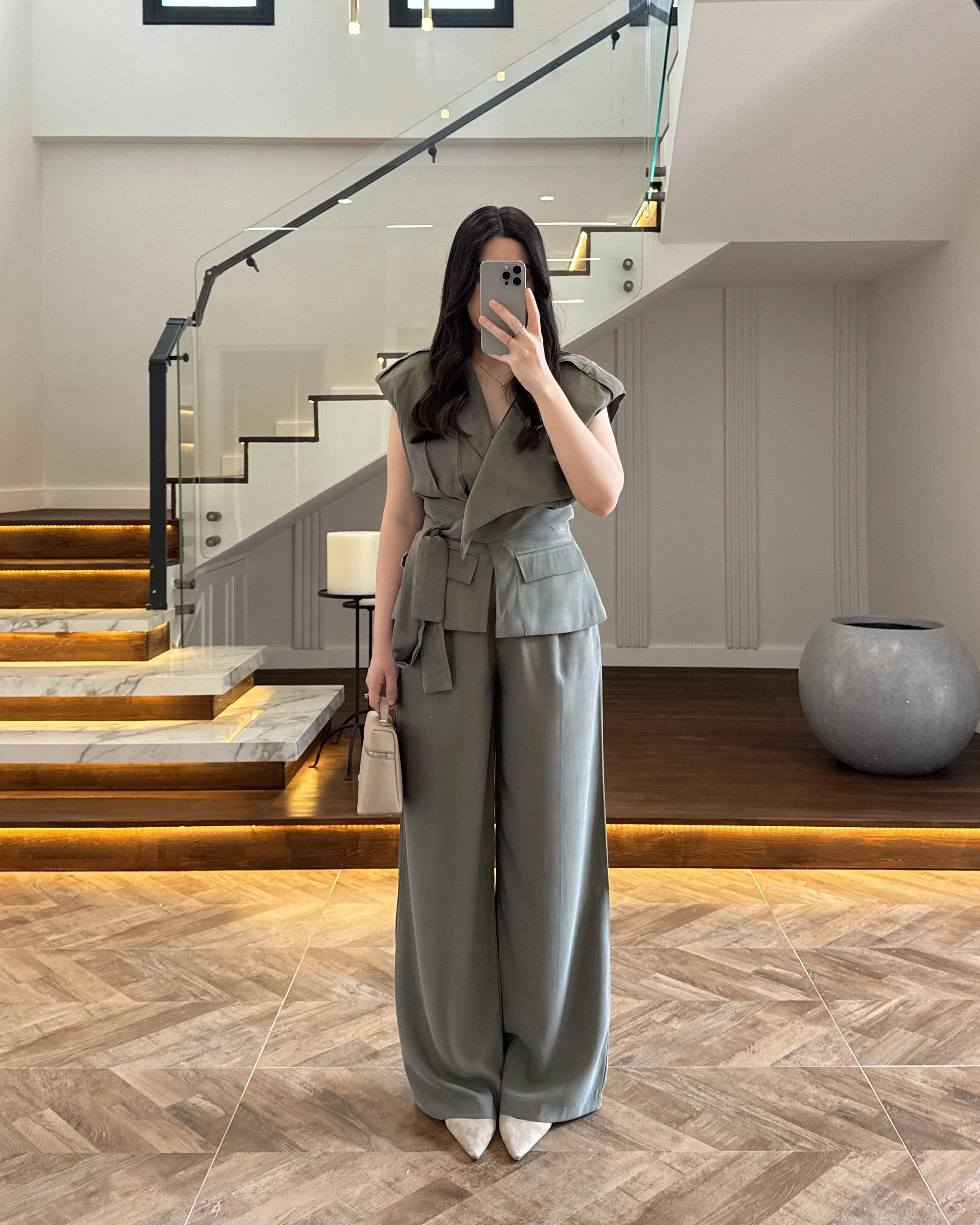 HAKİ BELİ KUŞAKLI YELEK PANTOLON TAKIM-580769