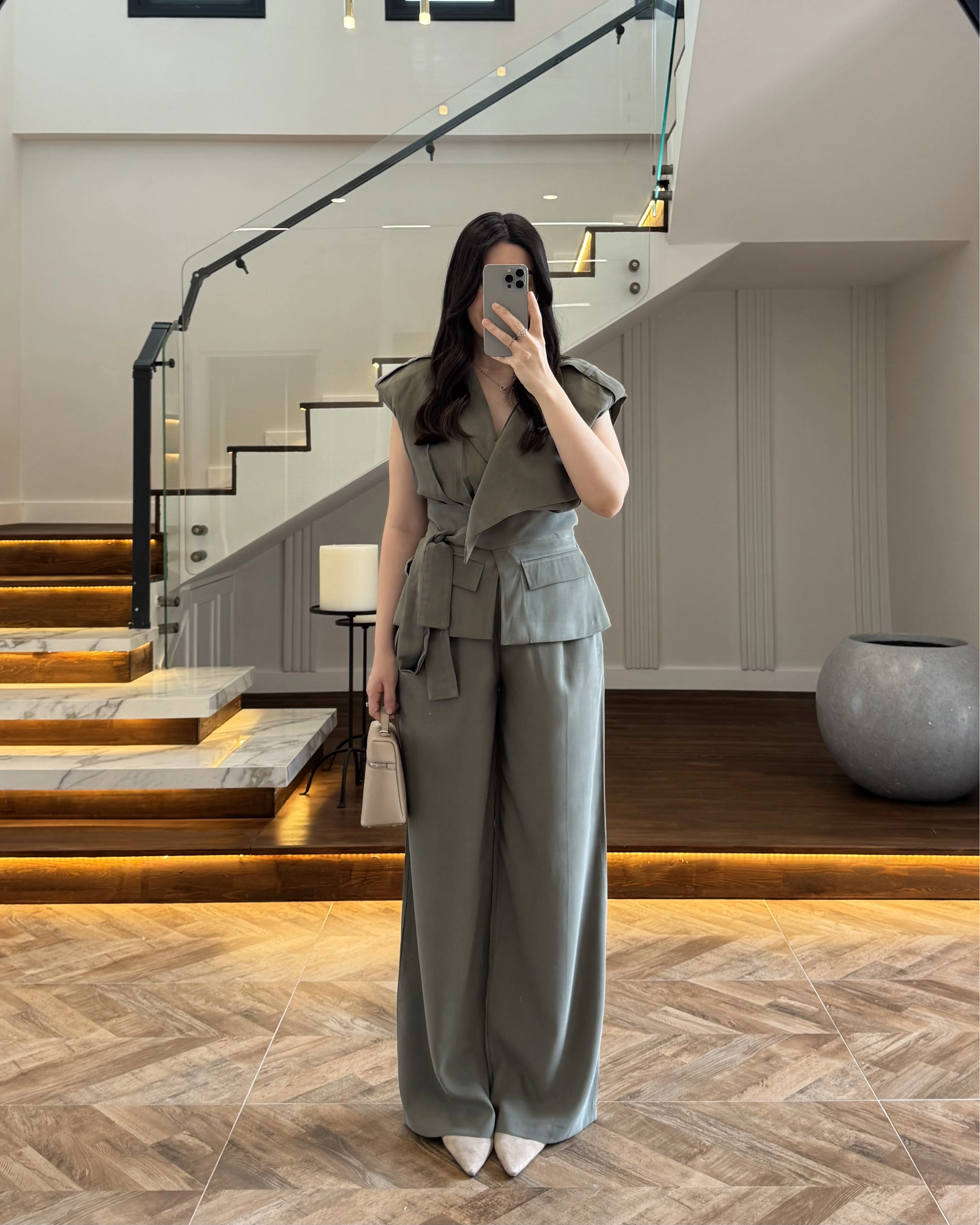 HAKİ BELİ KUŞAKLI YELEK PANTOLON TAKIM-580769