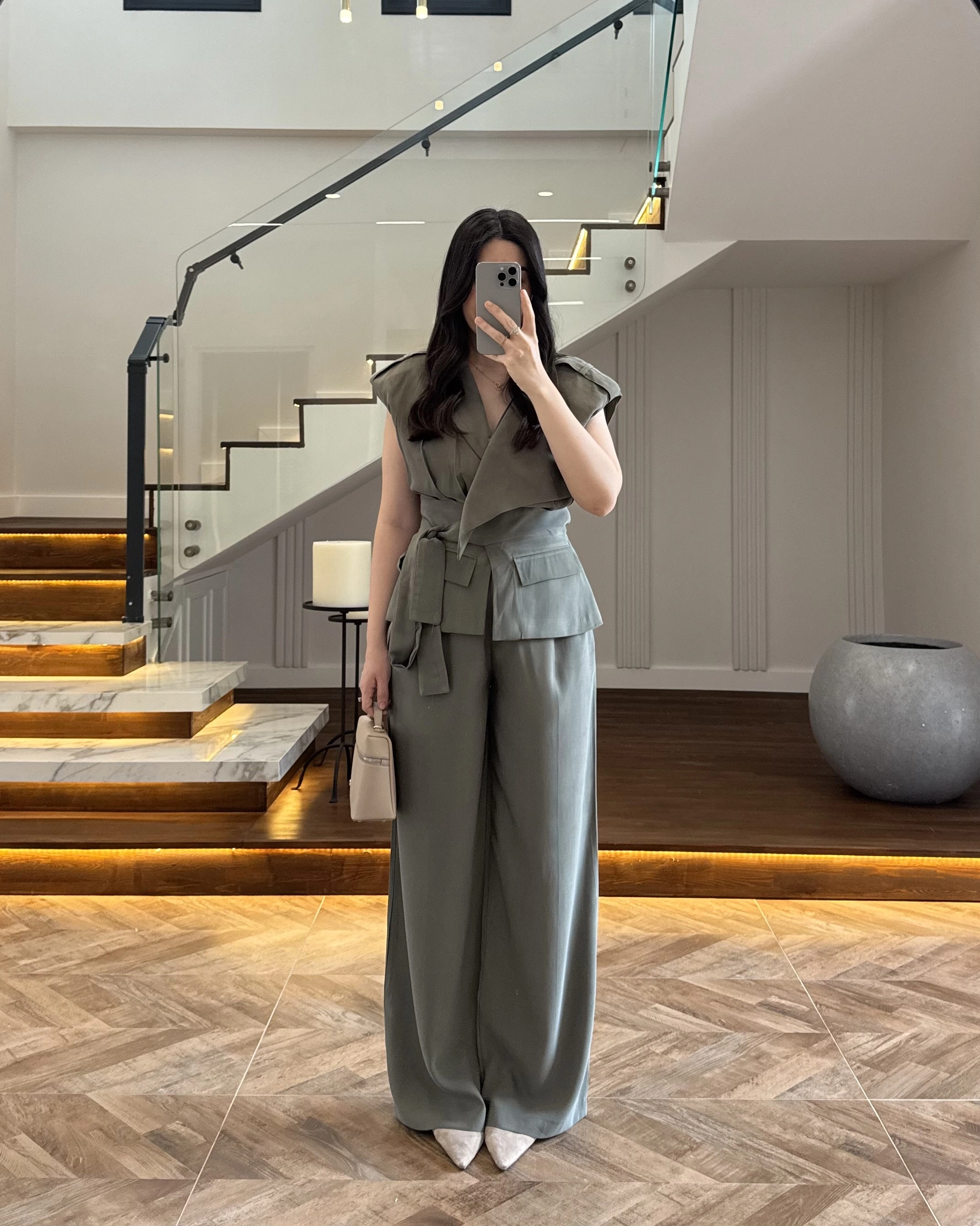HAKİ BELİ KUŞAKLI YELEK PANTOLON TAKIM-580769