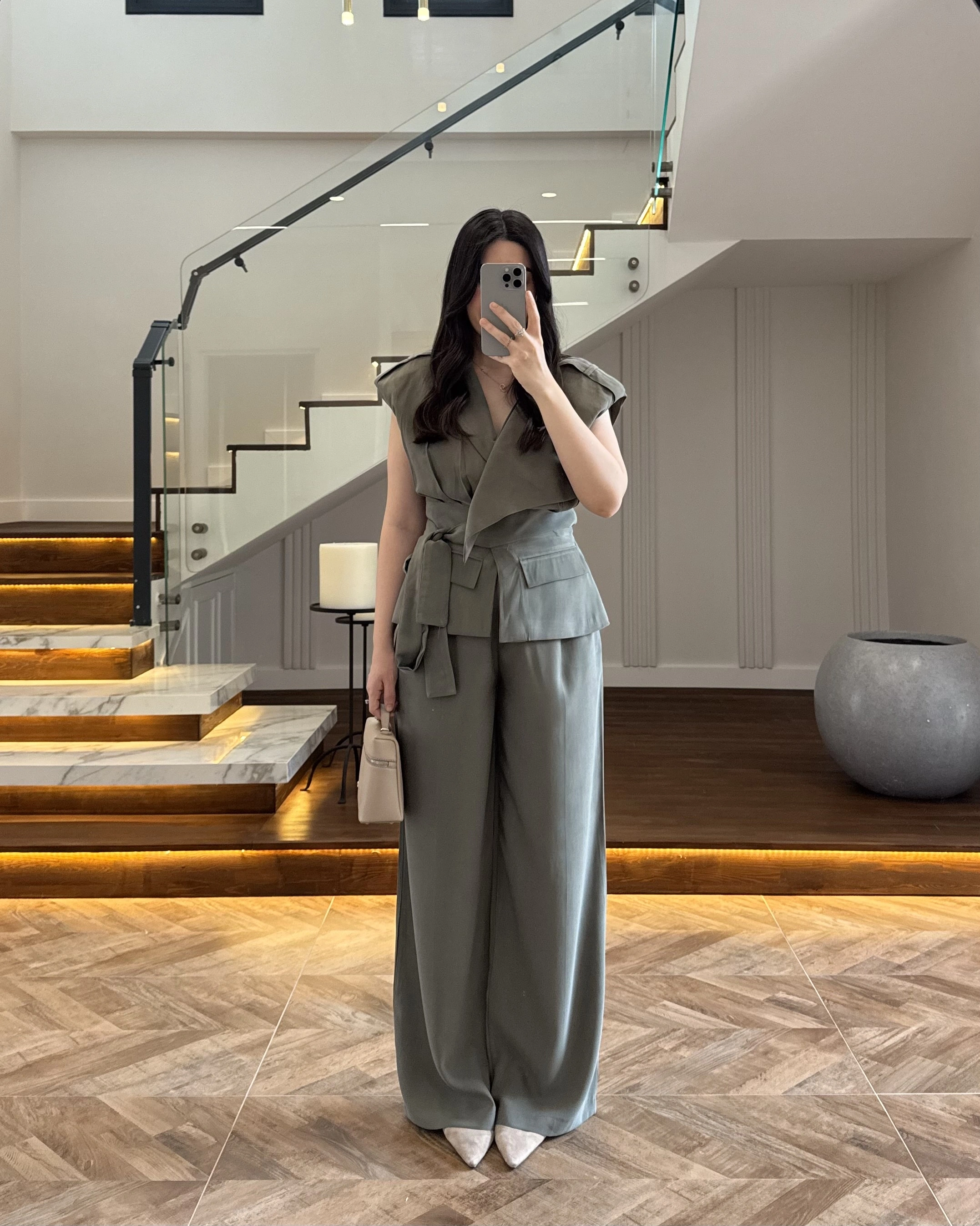 HAKİ BELİ KUŞAKLI YELEK PANTOLON TAKIM-580769