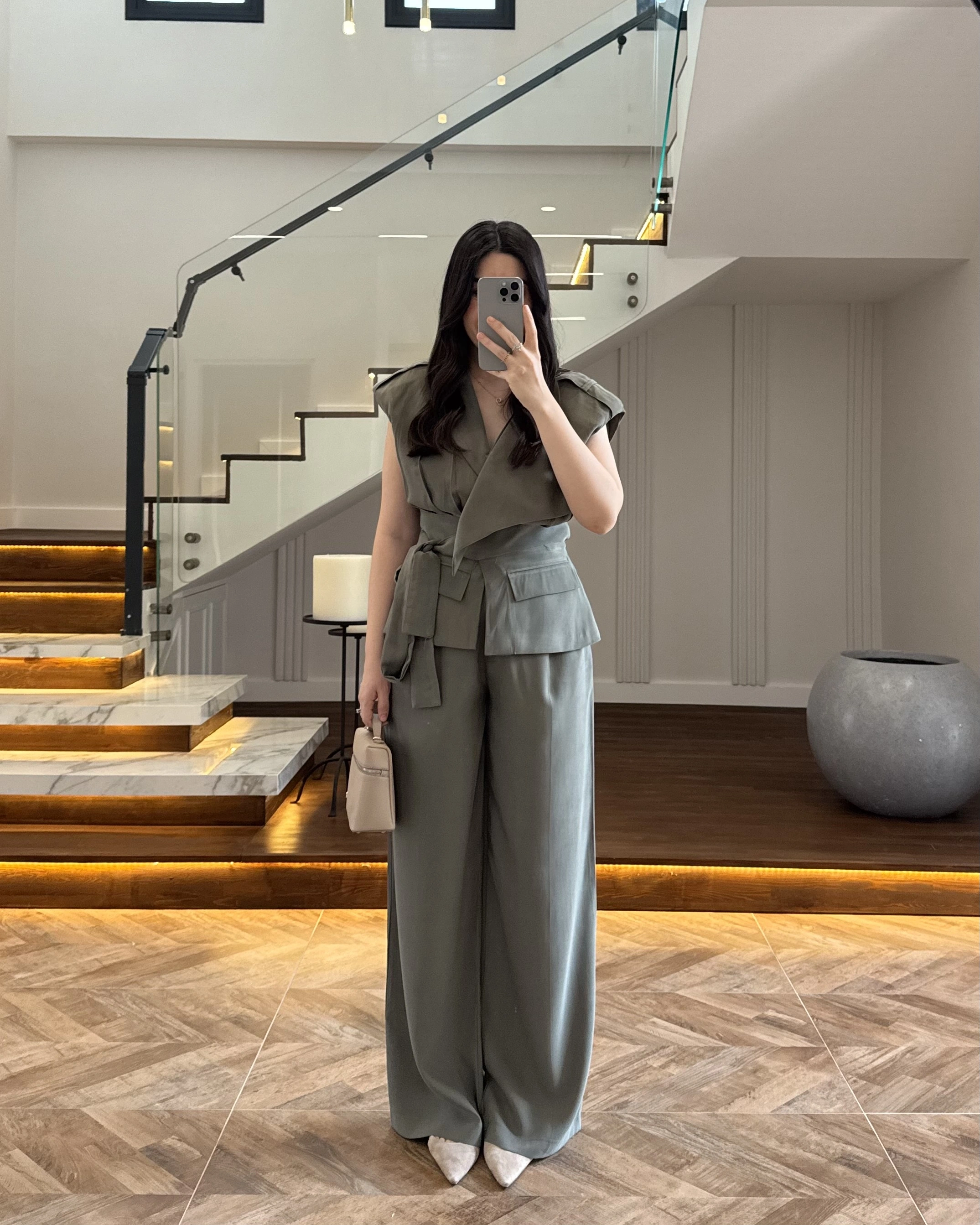HAKİ BELİ KUŞAKLI YELEK PANTOLON TAKIM-580769