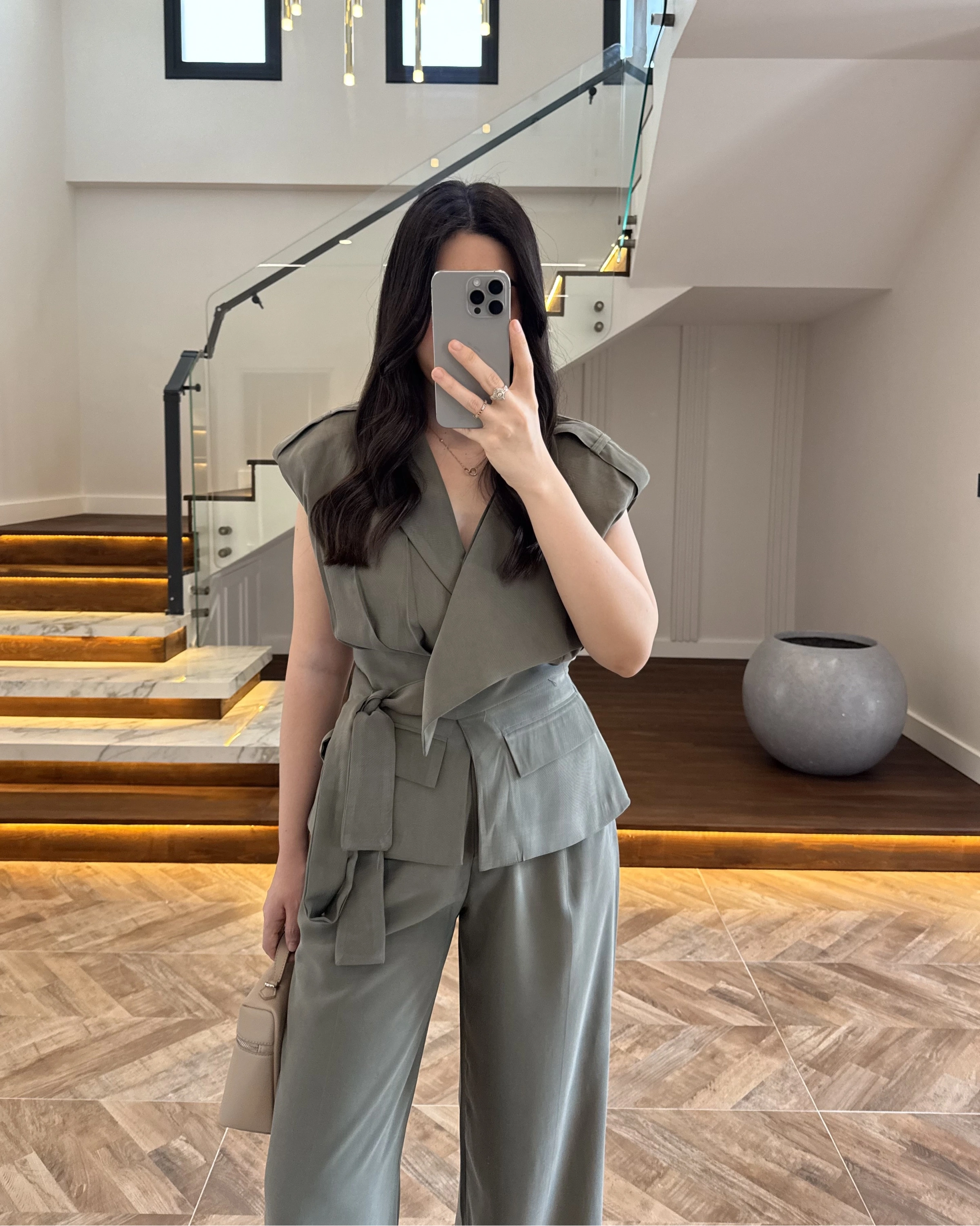 HAKİ BELİ KUŞAKLI YELEK PANTOLON TAKIM-580769