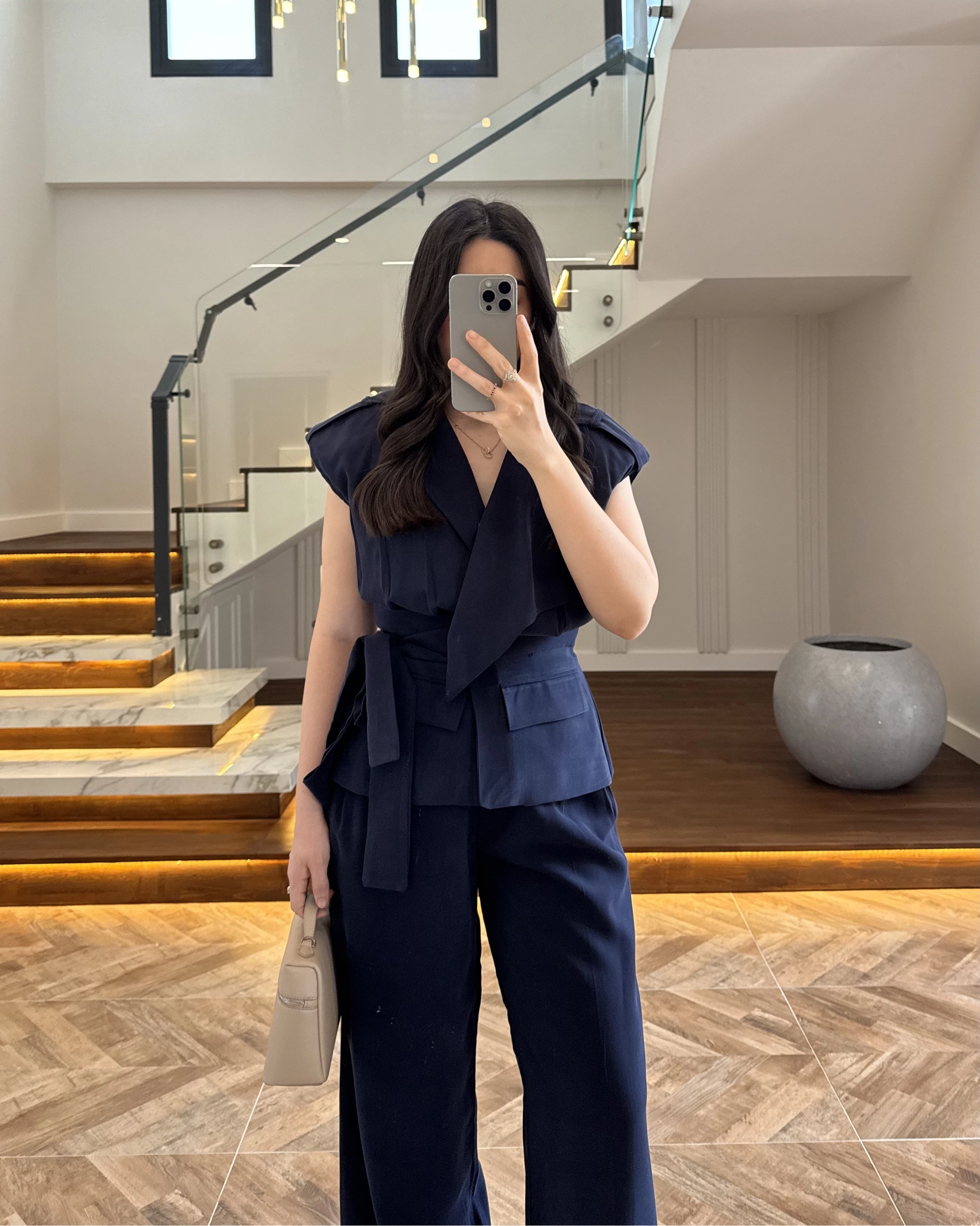 LACİVERT BELİ KUŞAKLI YELEK PANTOLON TAKIM-580769