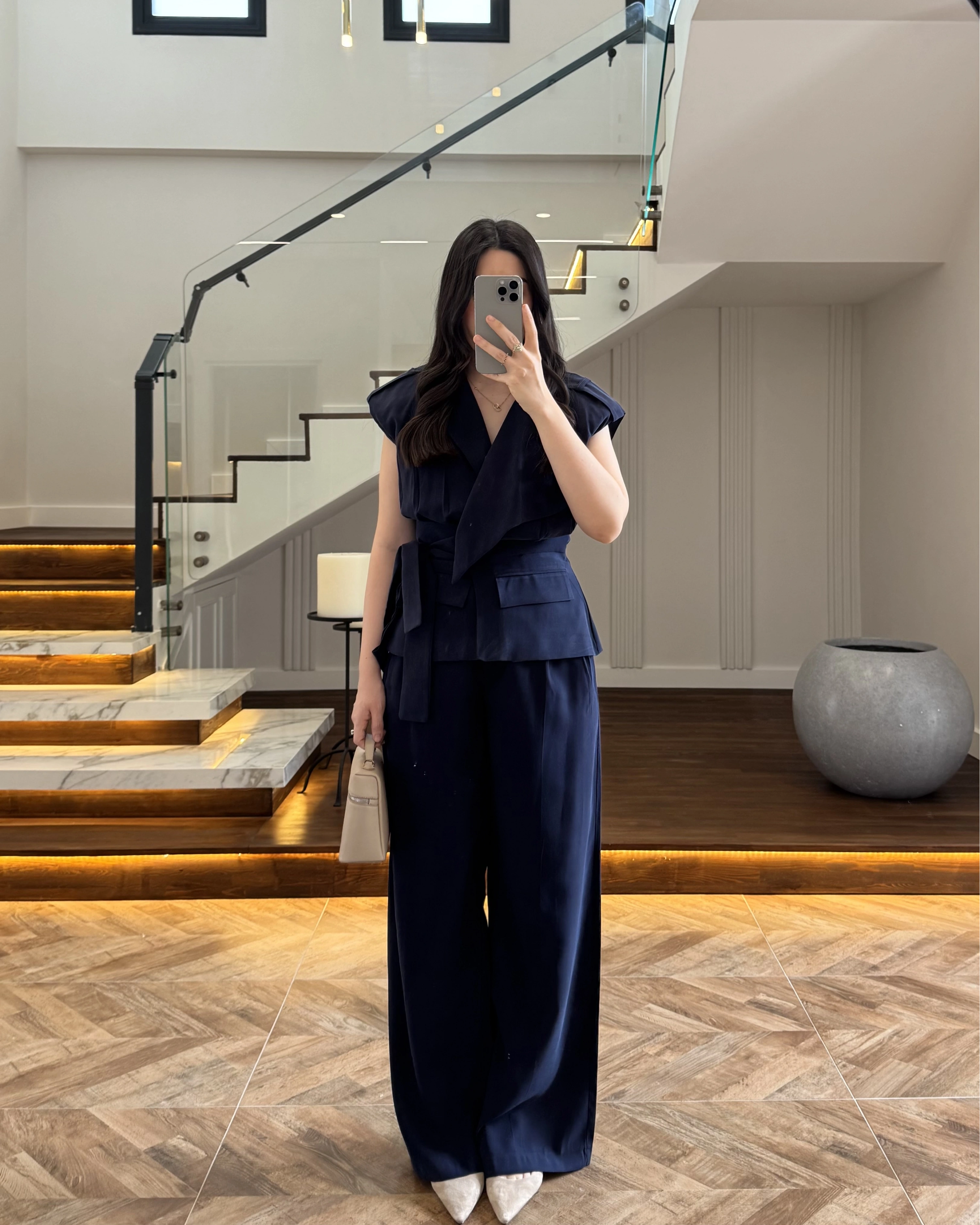 LACİVERT BELİ KUŞAKLI YELEK PANTOLON TAKIM-580769