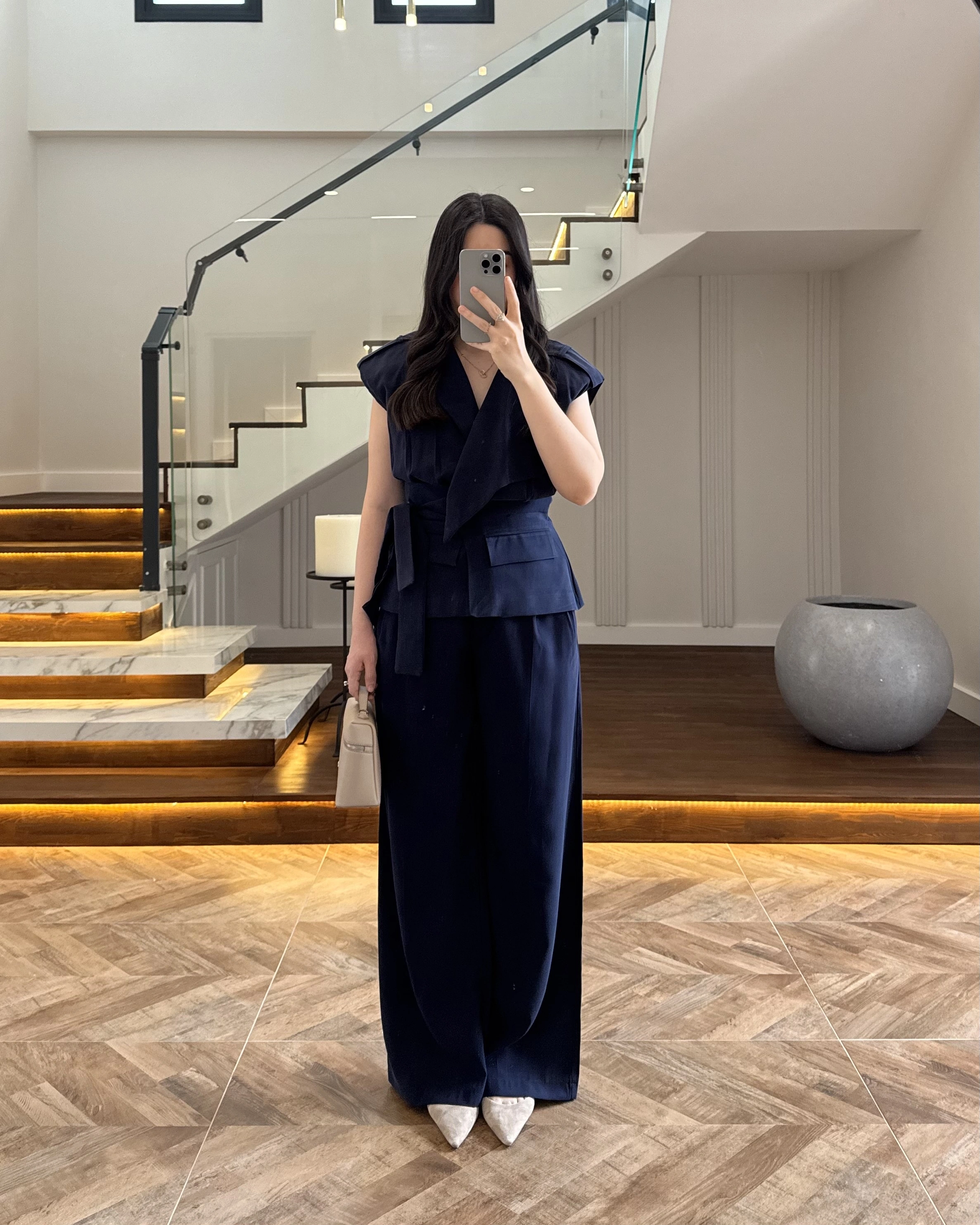 LACİVERT BELİ KUŞAKLI YELEK PANTOLON TAKIM-580769