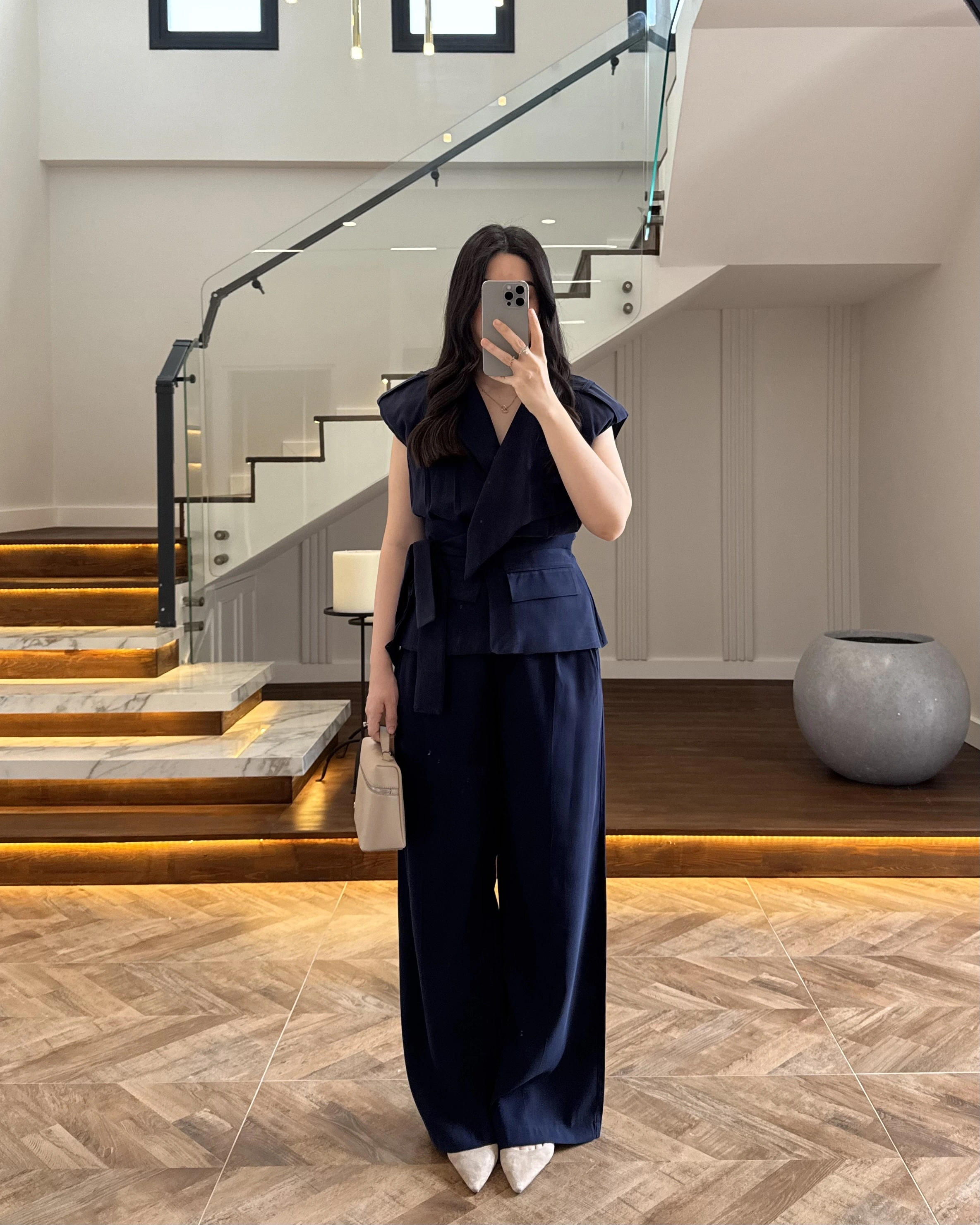 LACİVERT BELİ KUŞAKLI YELEK PANTOLON TAKIM-580769